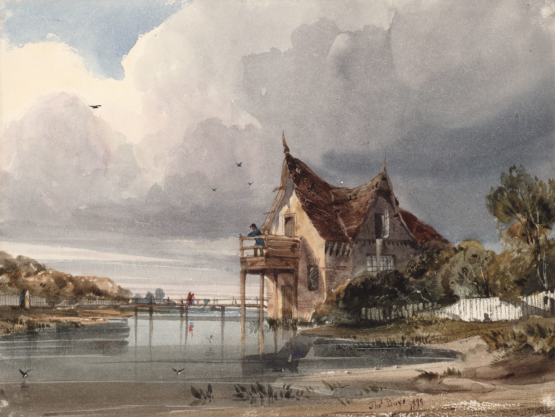 A River and Cottage with White Paling by Thomas Shotter Boys, oil painting depicting a serene river and cottage