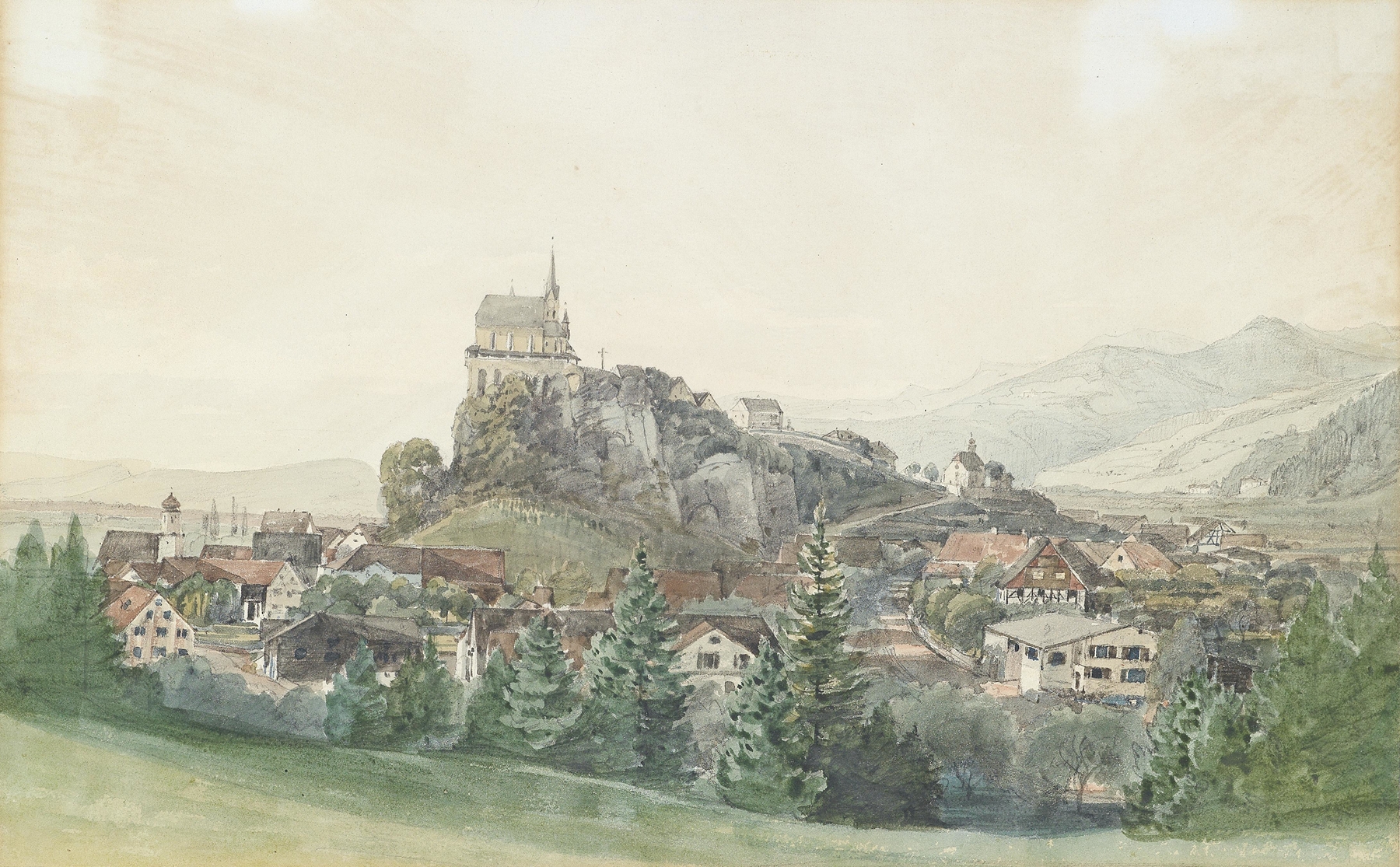 Landscape of Rankweil by Thomas Ender, oil on canvas, featuring hills and rooftops under a bright sky.