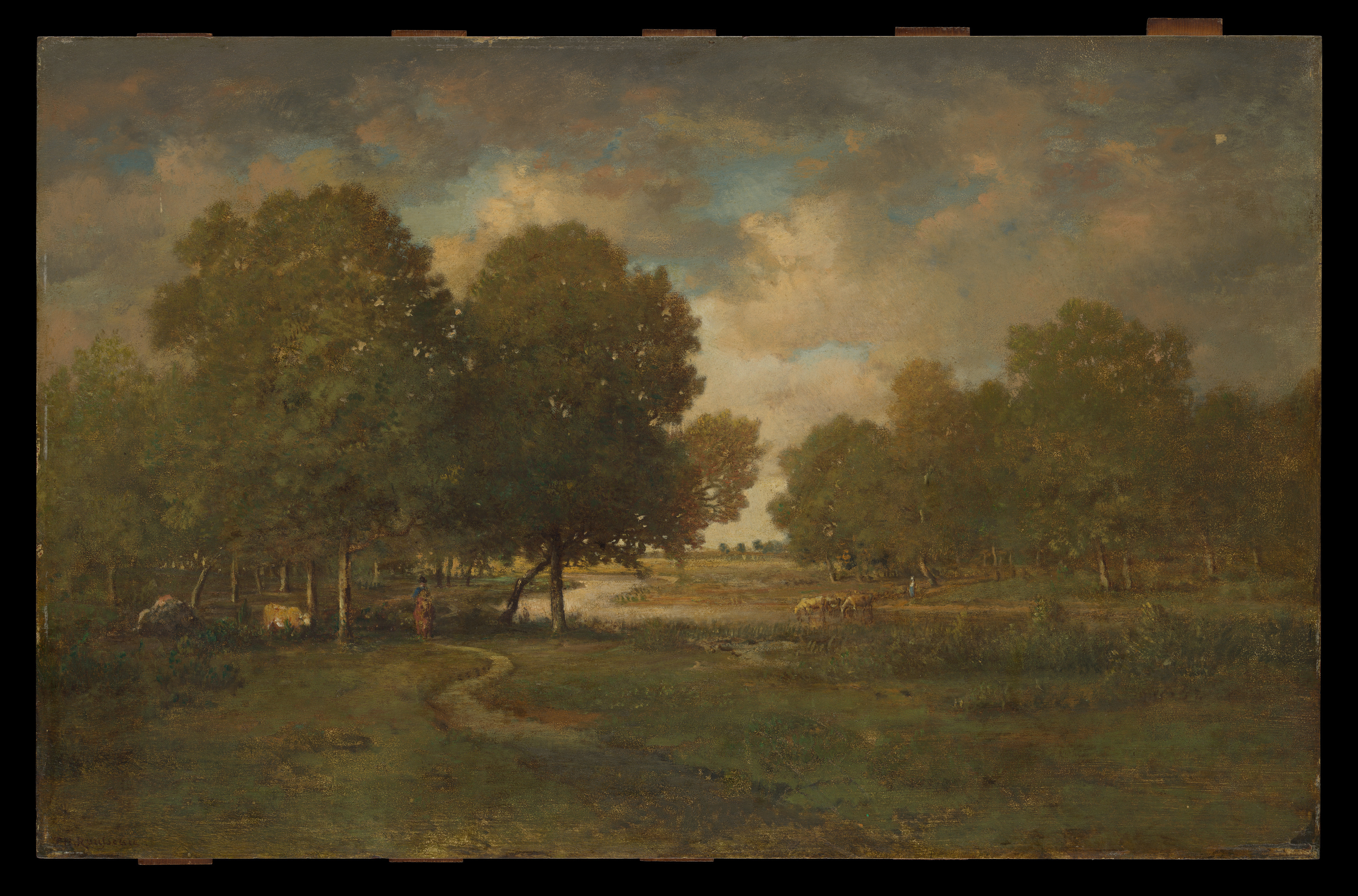 A River in a Meadow by Théodore Rousseau, wood medium, depicting a tranquil river flowing through a lush landscape.