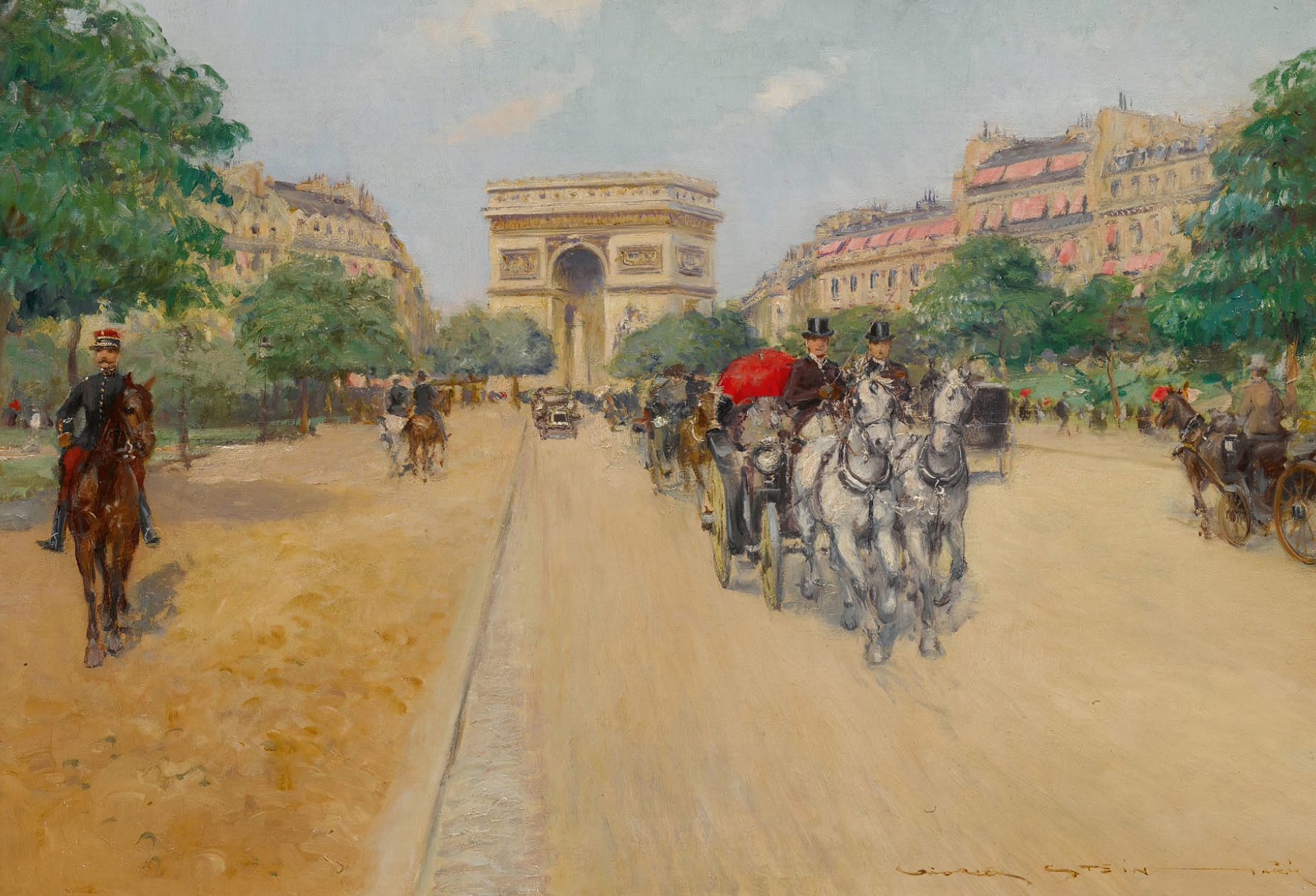 Oil painting by Georges Stein featuring a solitary figure on the Champs-Élysées