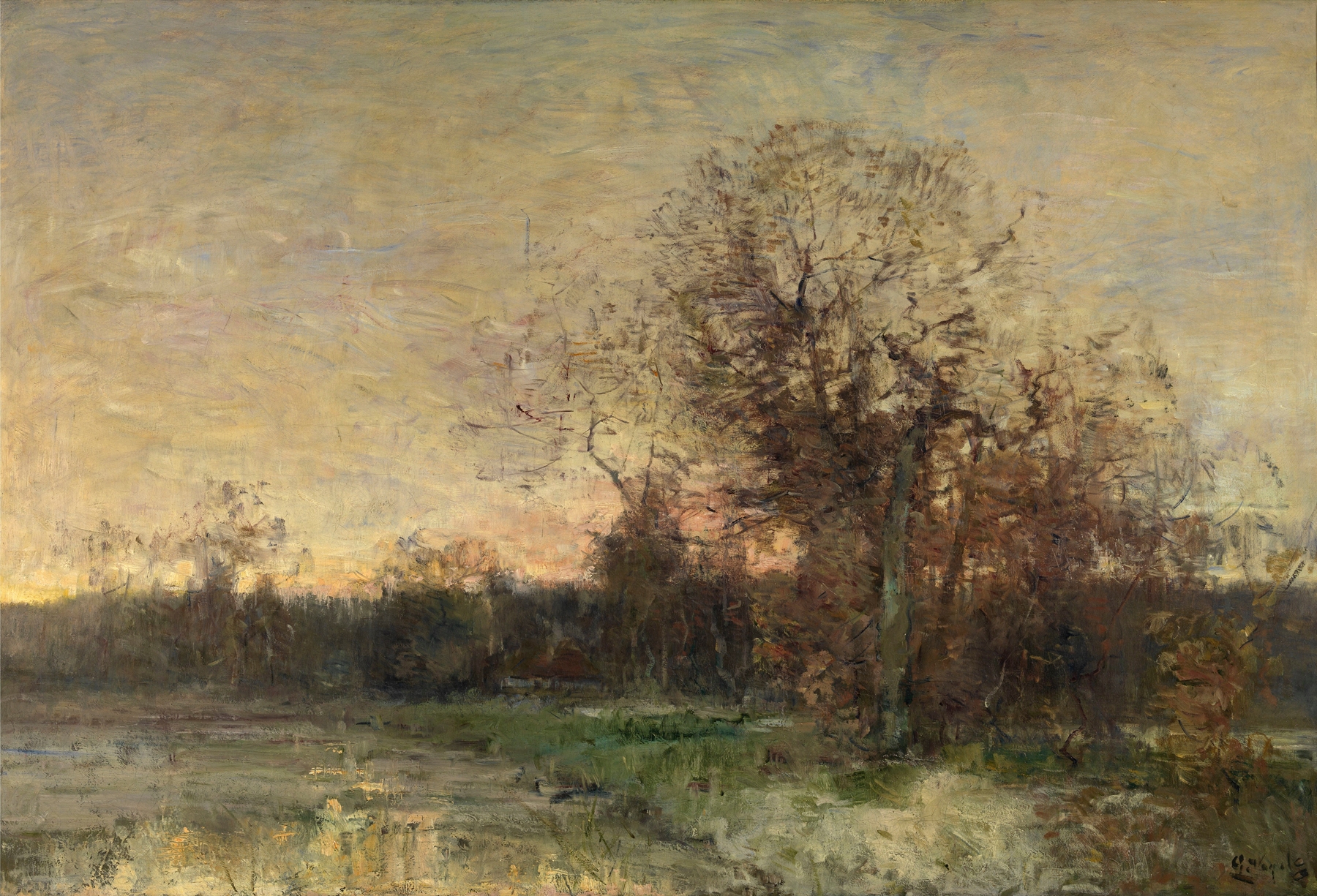 The Pond in Ixelles by Guillaume Vogels, oil on canvas depicting a tranquil landscape with water reflections.