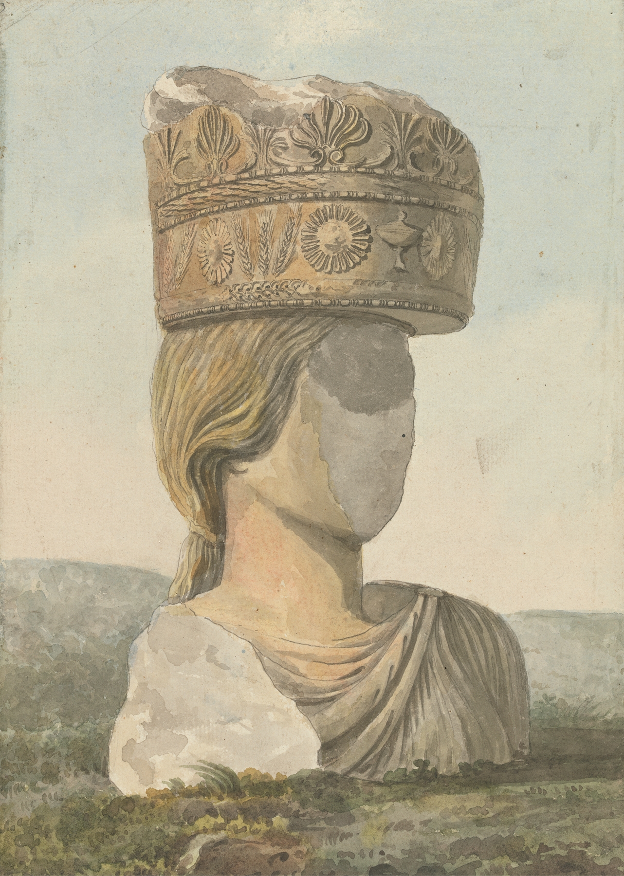 Faceless marble bust by Willey Reveley supporting a broken capital