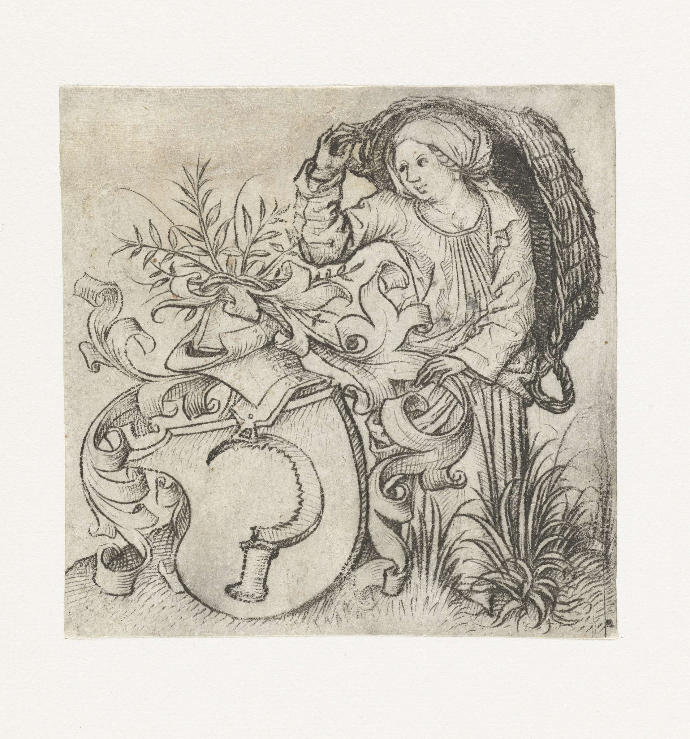 Drypoint by Meester van het Amsterdamse Kabinet depicting a peasant woman with a sickle on her shield.