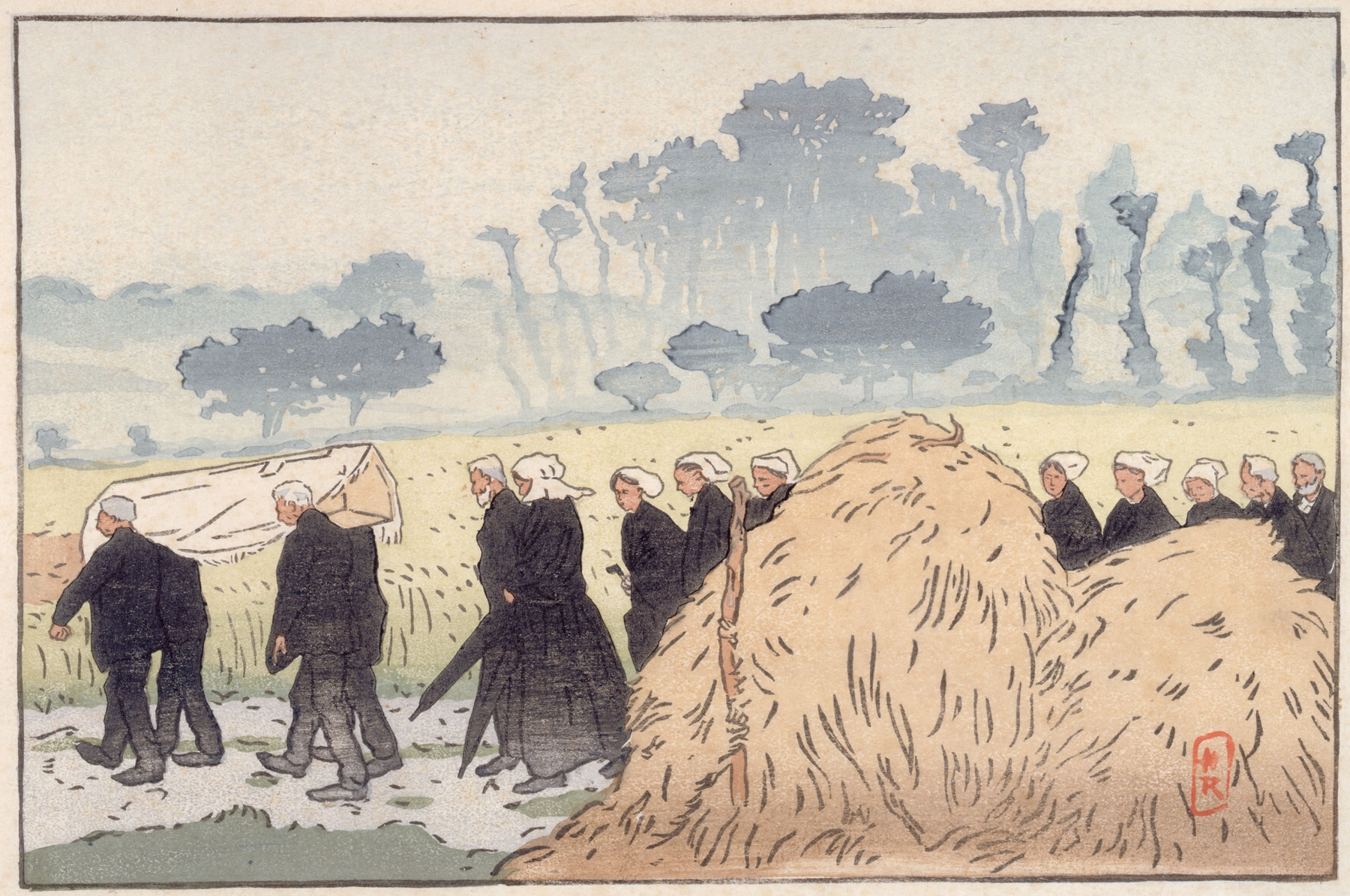 Figurative scene depicting a procession in dark garments by Henri Rivière, 1891