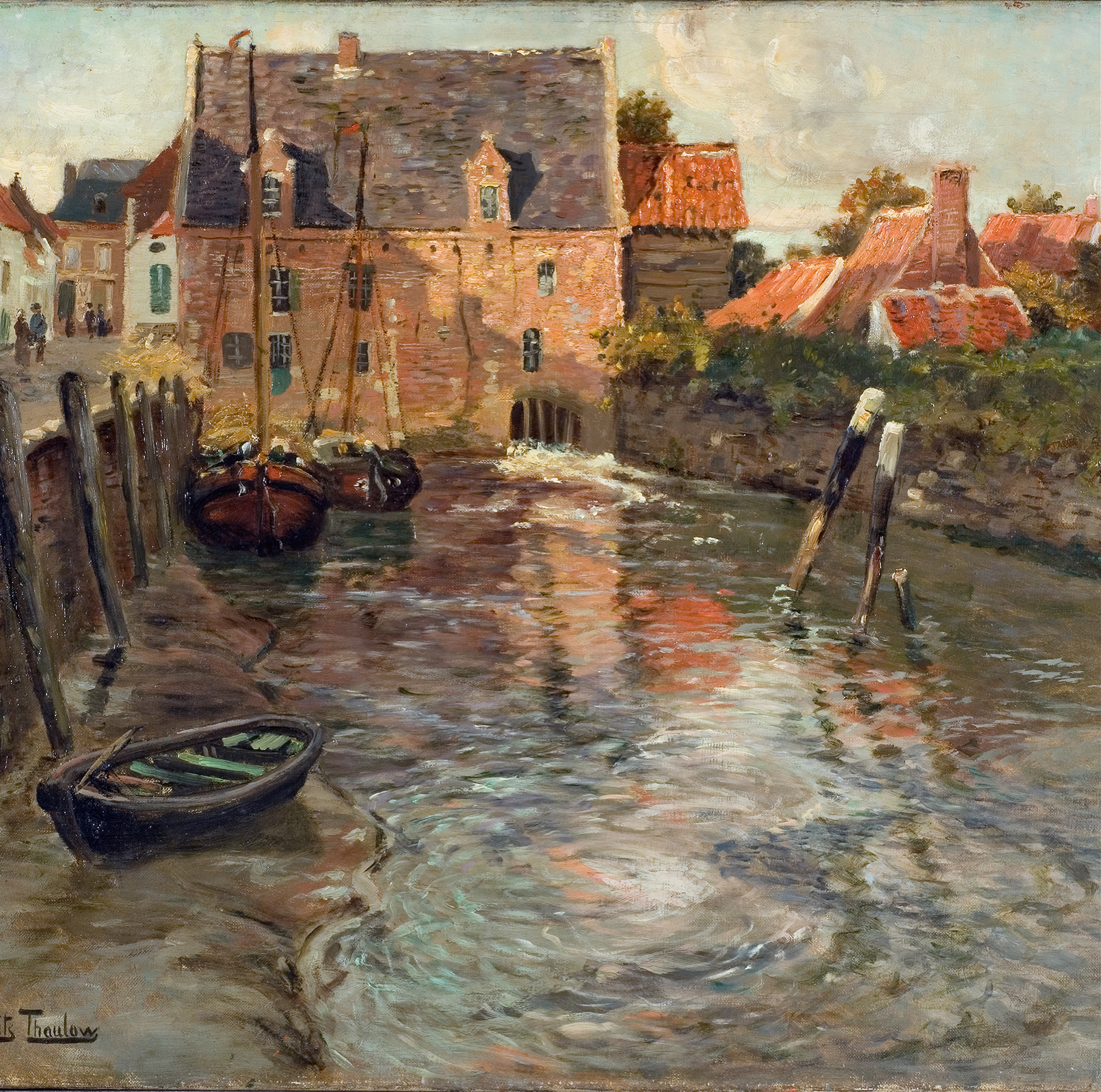 Landscape with tranquil water reflections by Frits Thaulow, Impressionism