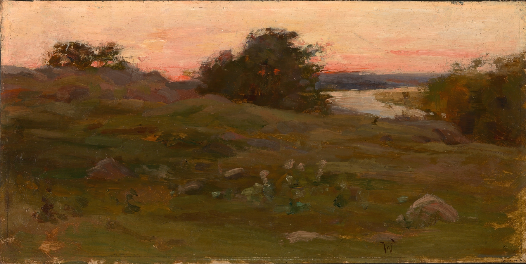 Landscape by Max Weyl, oil on canvas depicting hills and a tranquil sky.