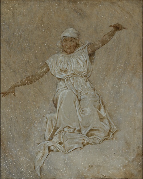 Hans Thoma's 'Februar (Frau Holle)' depicts a mythical winter scene.