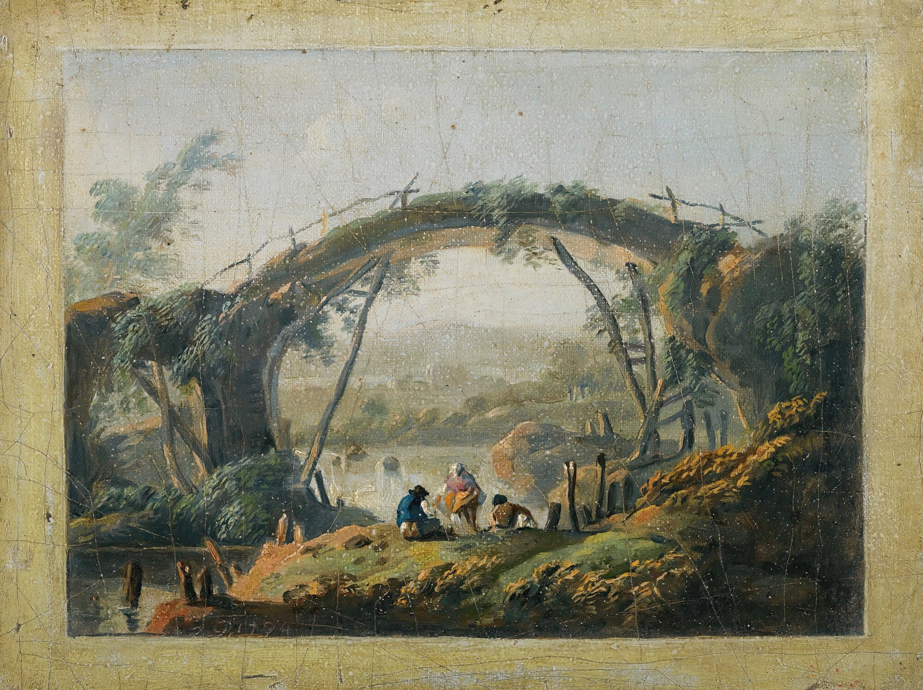 A Pair Of River Landscapes With Figures Approaching A Bridge, oil on canvas by Jean-Baptiste Pillement