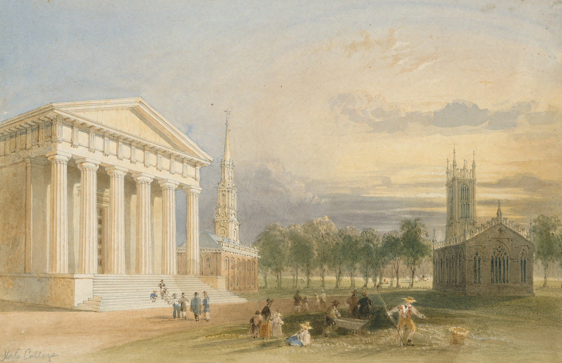 Engraving by William Henry Bartlett depicting Yale College and statehouse