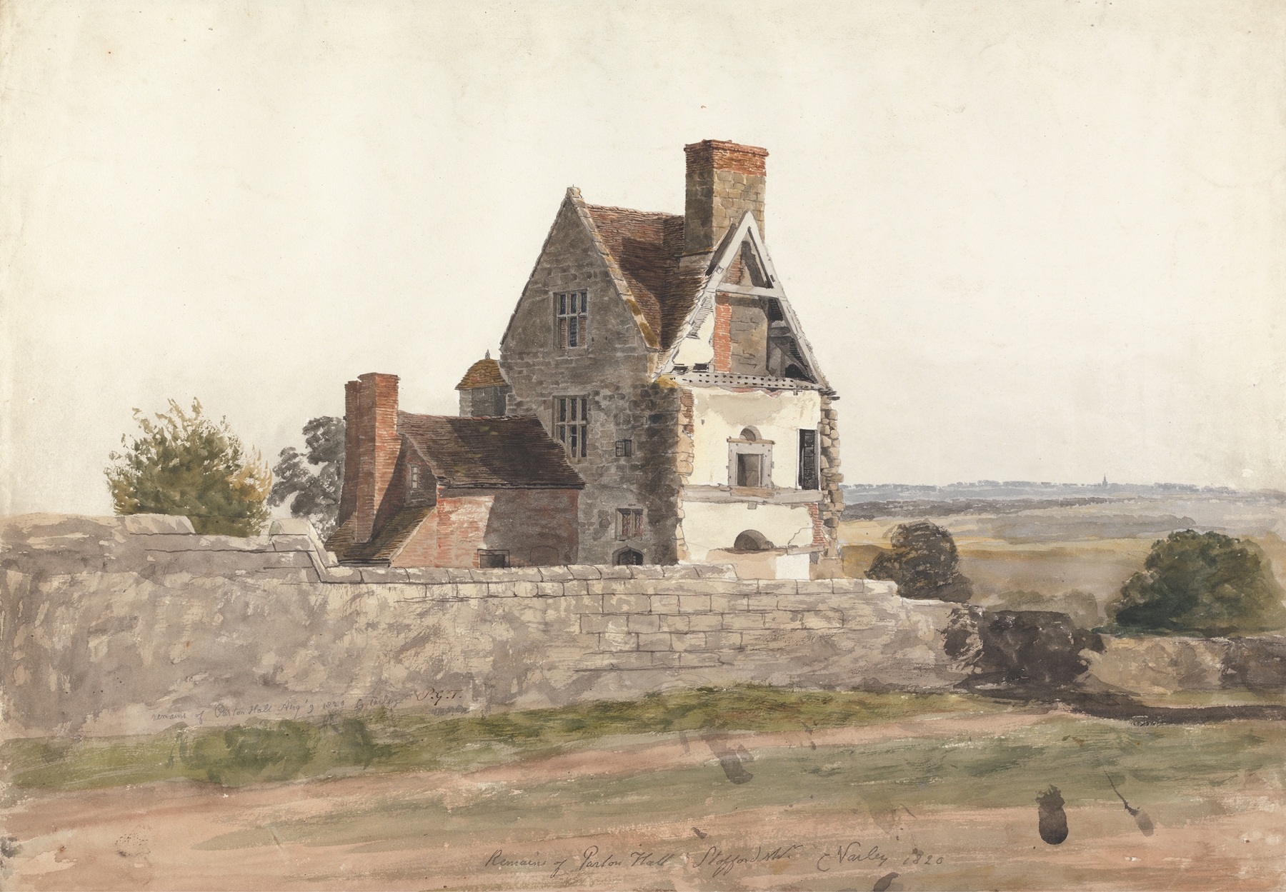 Landscape with a crumbling tower covered in ivy, Cornelius Varley, 1820