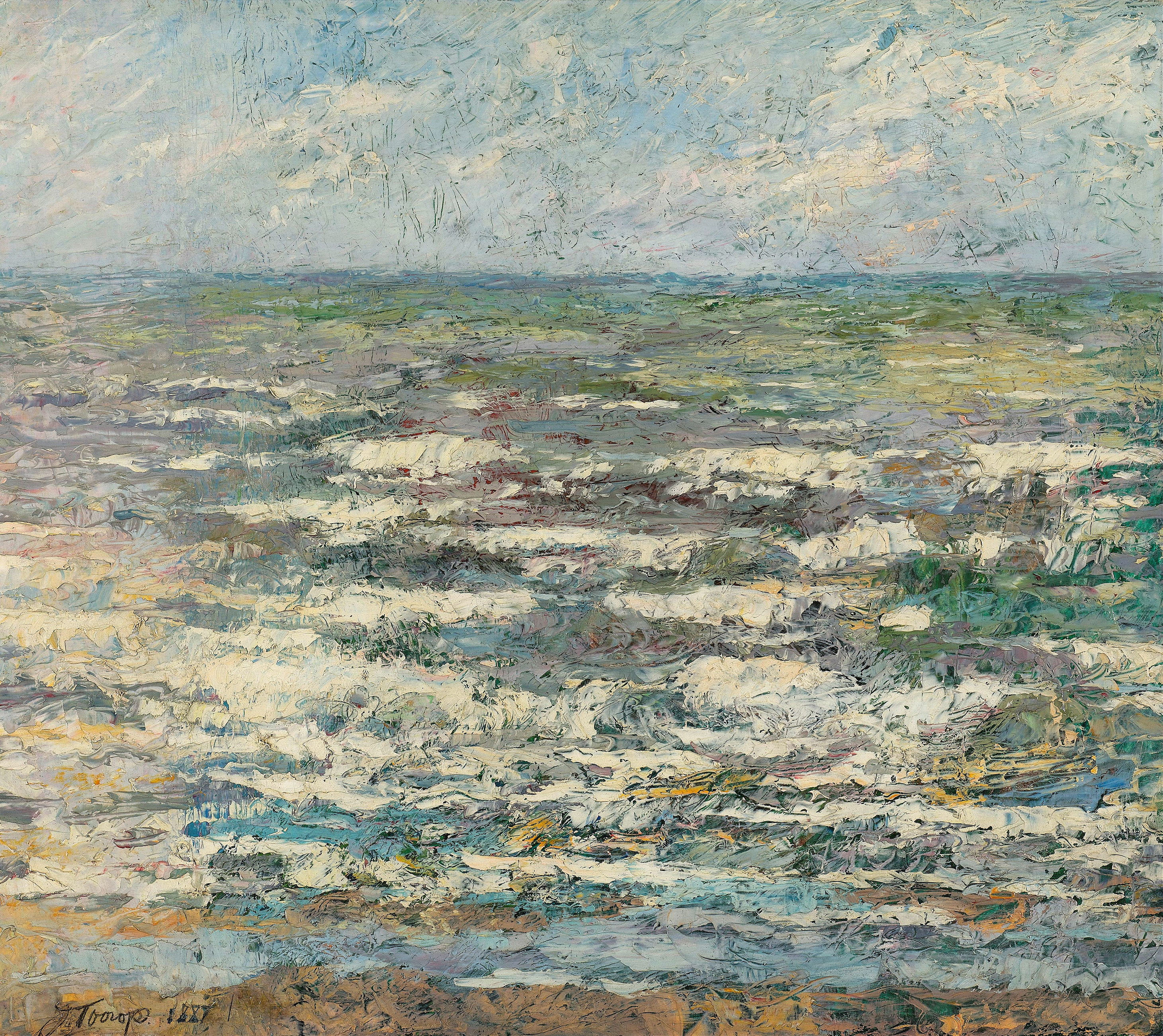 The Sea by Jan Toorop, oil painting depicting tumultuous waves and horizon in deep blue.