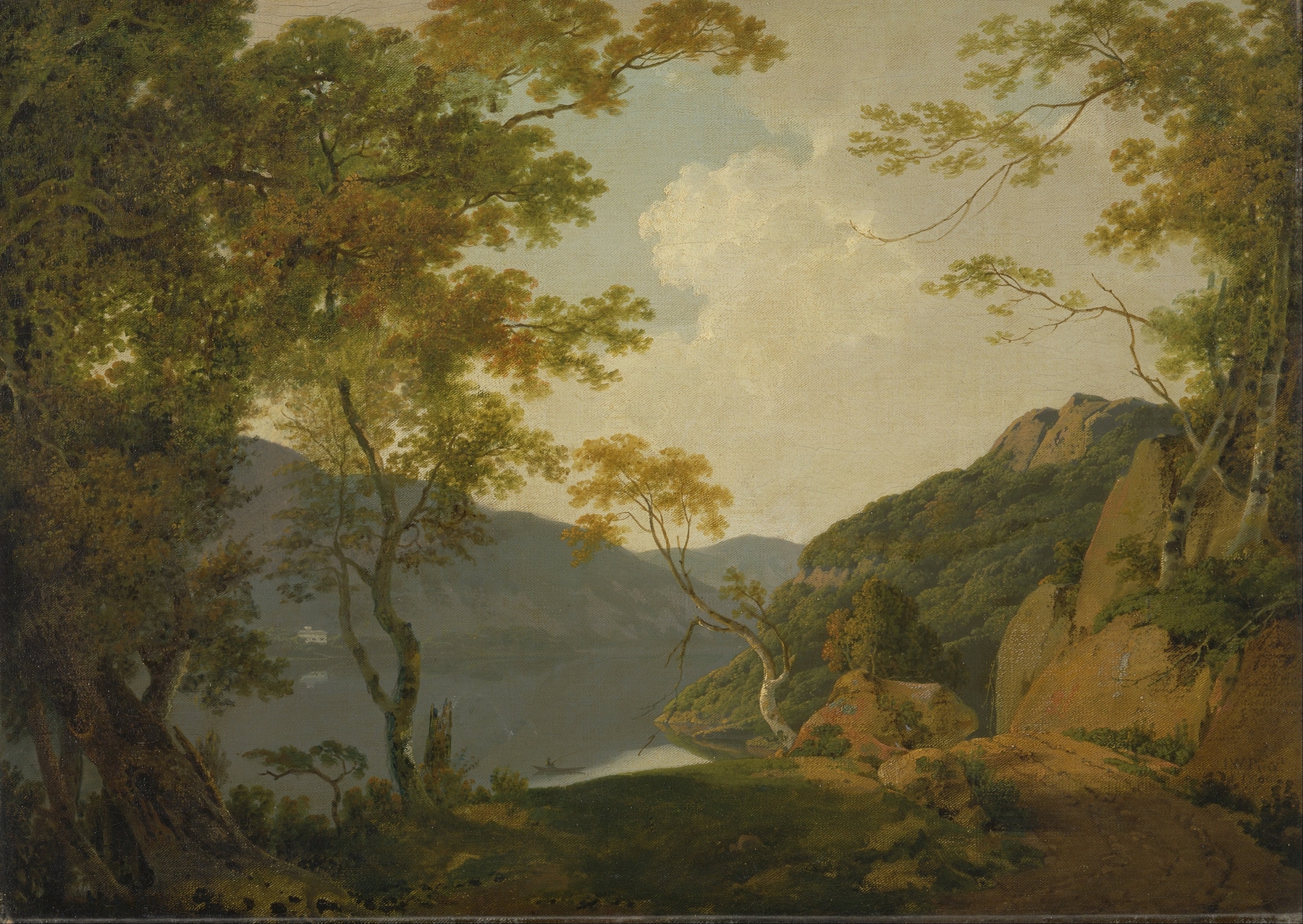 Lake Scene by Joseph Wright of Derby, oil painting depicting a tranquil lake and lush foliage.