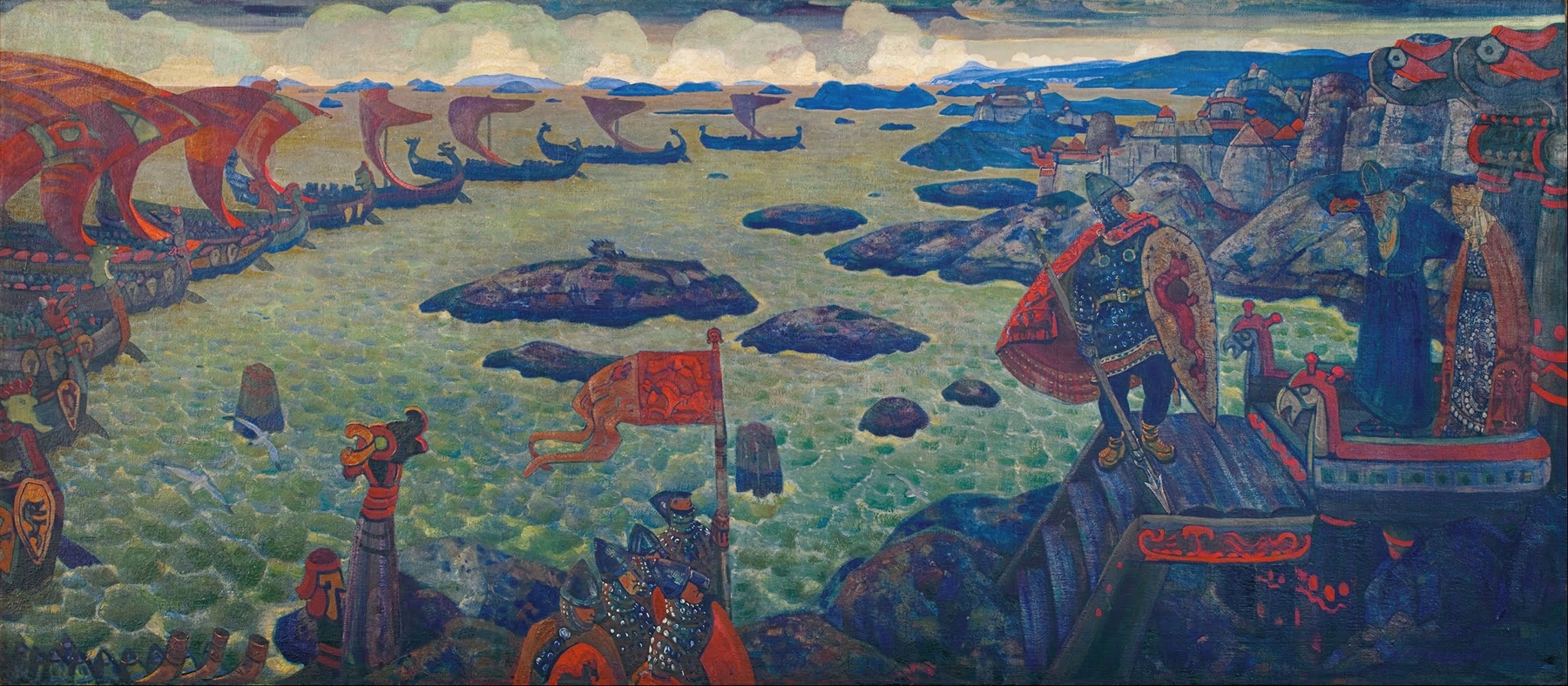 Ready for the Campaign (The Varangian Sea) by Nicholas Roerich, oil on canvas depicting azure sea and a historical figure.