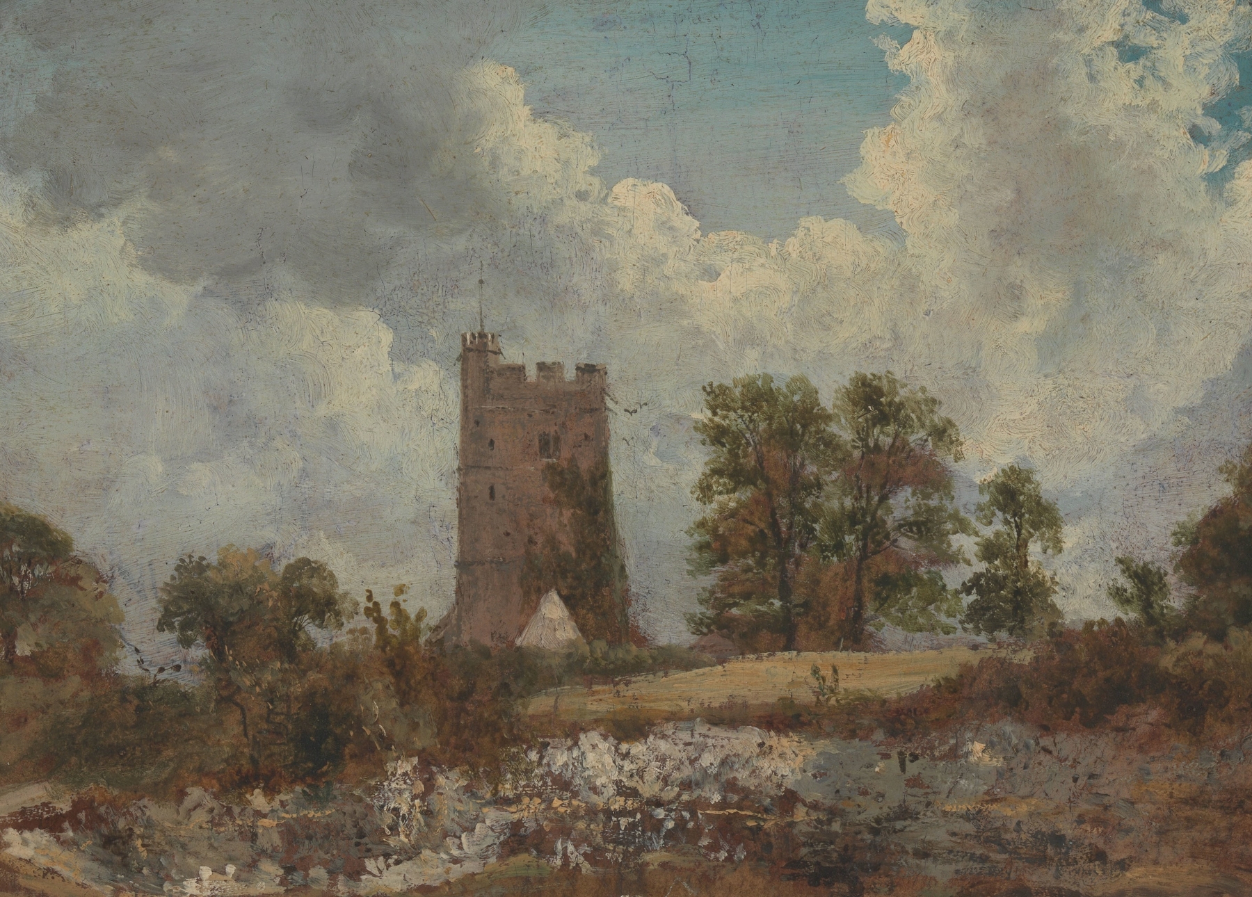 Landscape with a Church by Frederick Waters Watts, oil painting depicting a church amidst rolling hills and golden light.