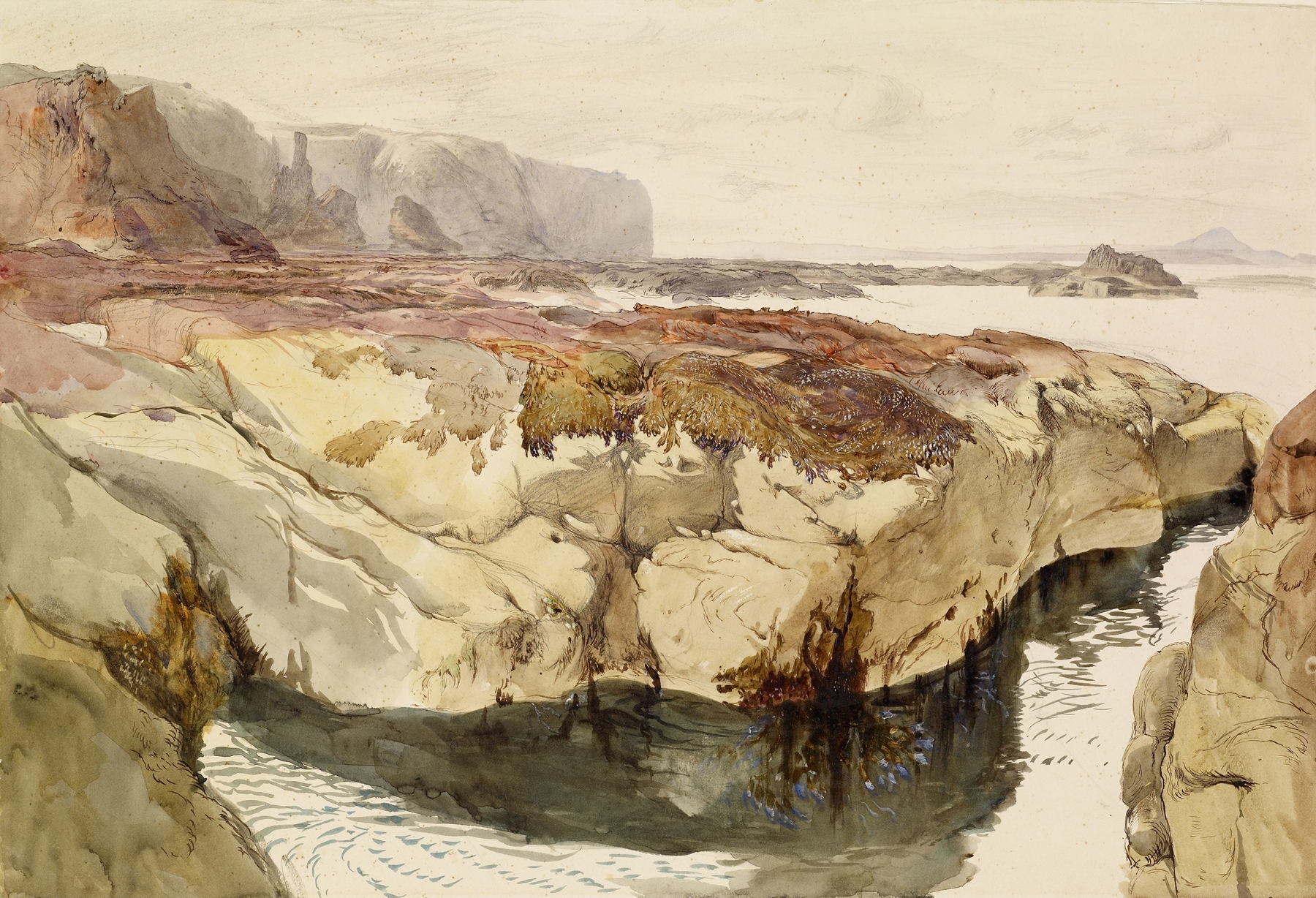 Coast Scene near Dunbar, watercolor on paper by John Ruskin, depicting crashing waves and rocky cliffs.