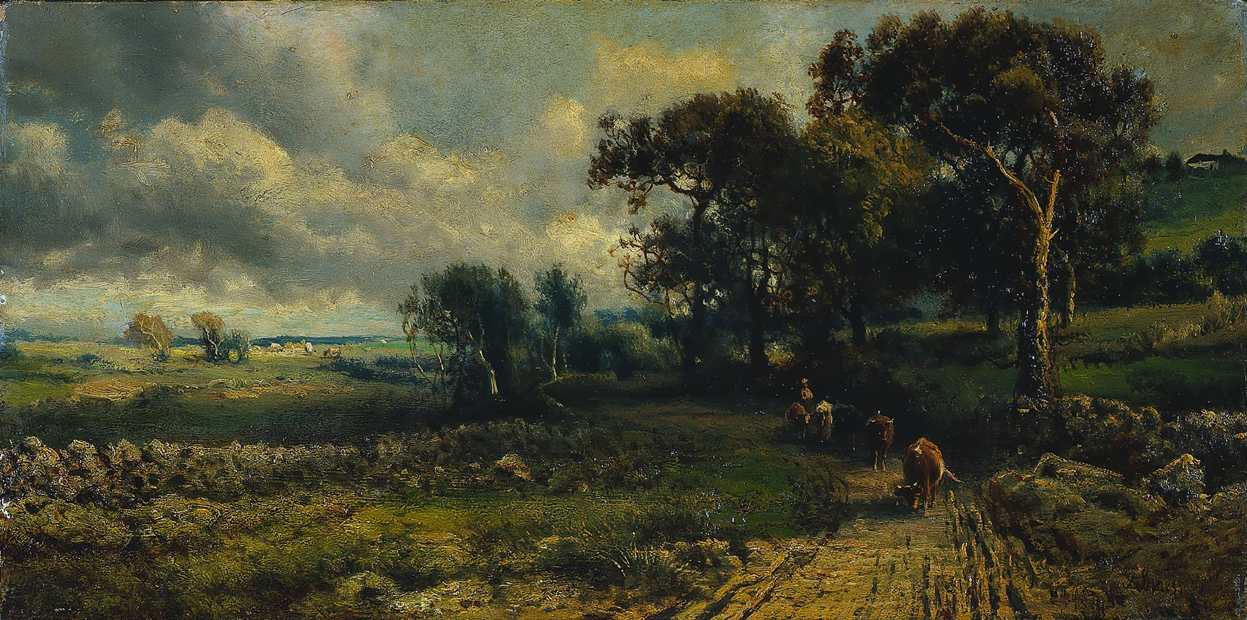Fleecy Clouds oil painting by George Inness showing luminous clouds in a tranquil sky.