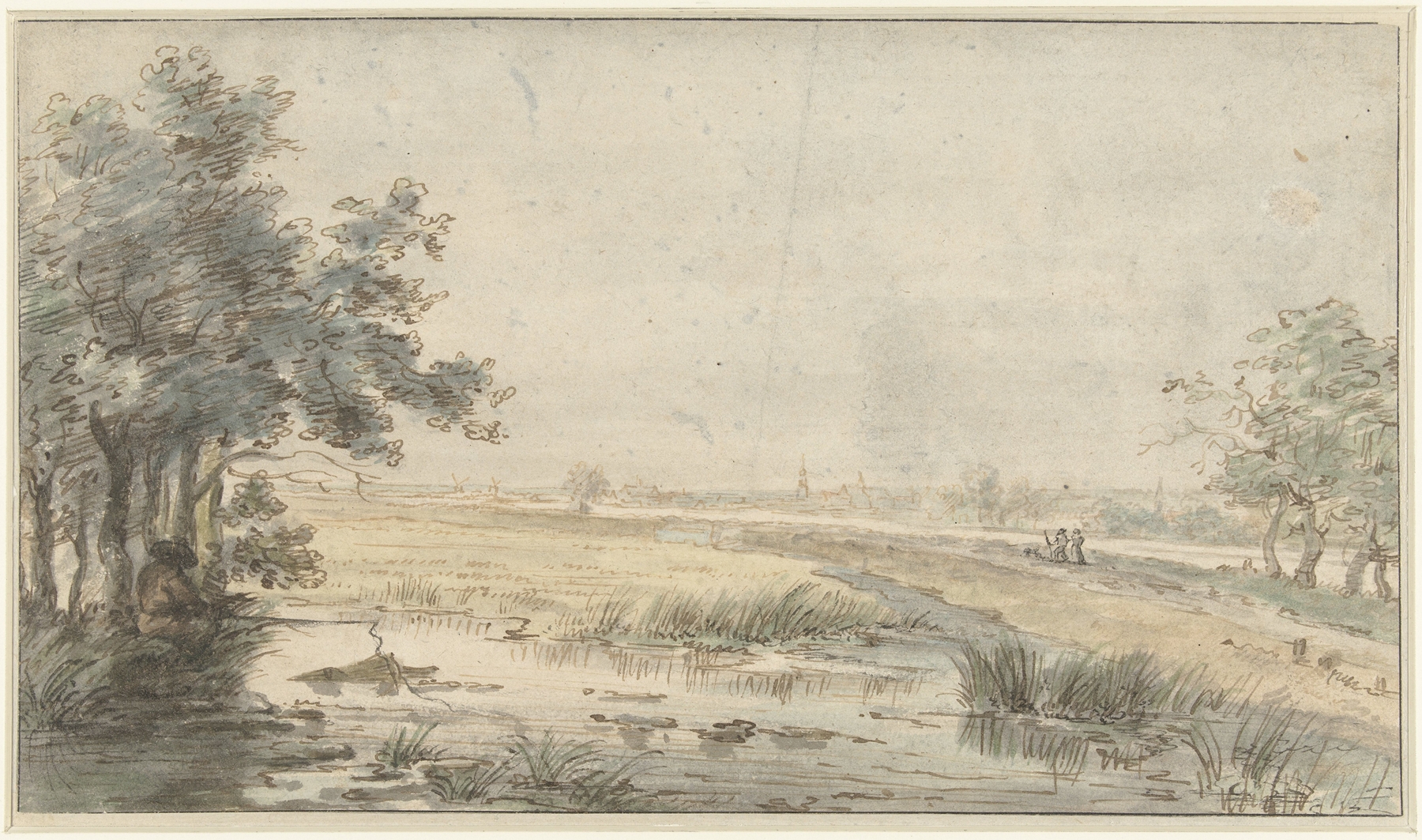 Landschap met een hengelaar aan het water, by Jan Hulswit, public domain
