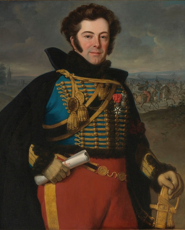 This painting depicts Colonel Auguste-Frederic-Bon-Amour, Marquis De Talhouët in a detailed portrait.