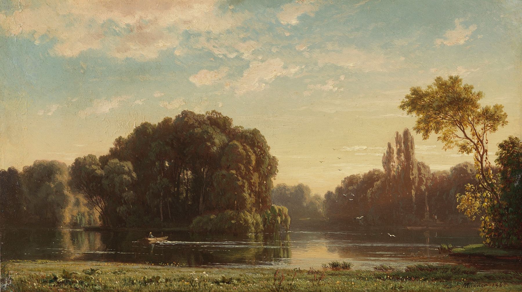 Landscape scene with vibrant greens and sunlight, oil painting by Ludwig Meixner