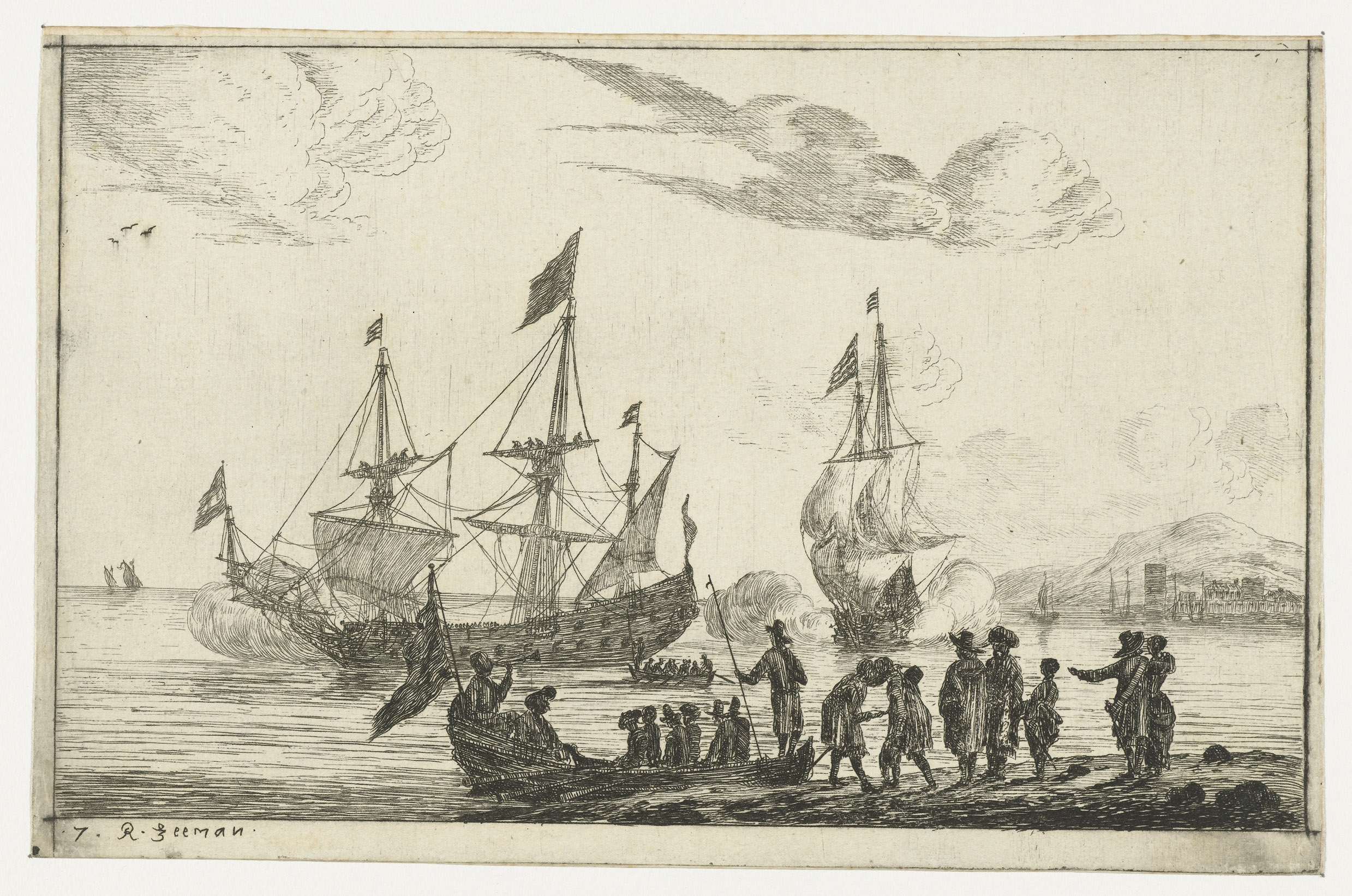 Havenscène met een spiegelsloep, by Reinier Nooms, public domain