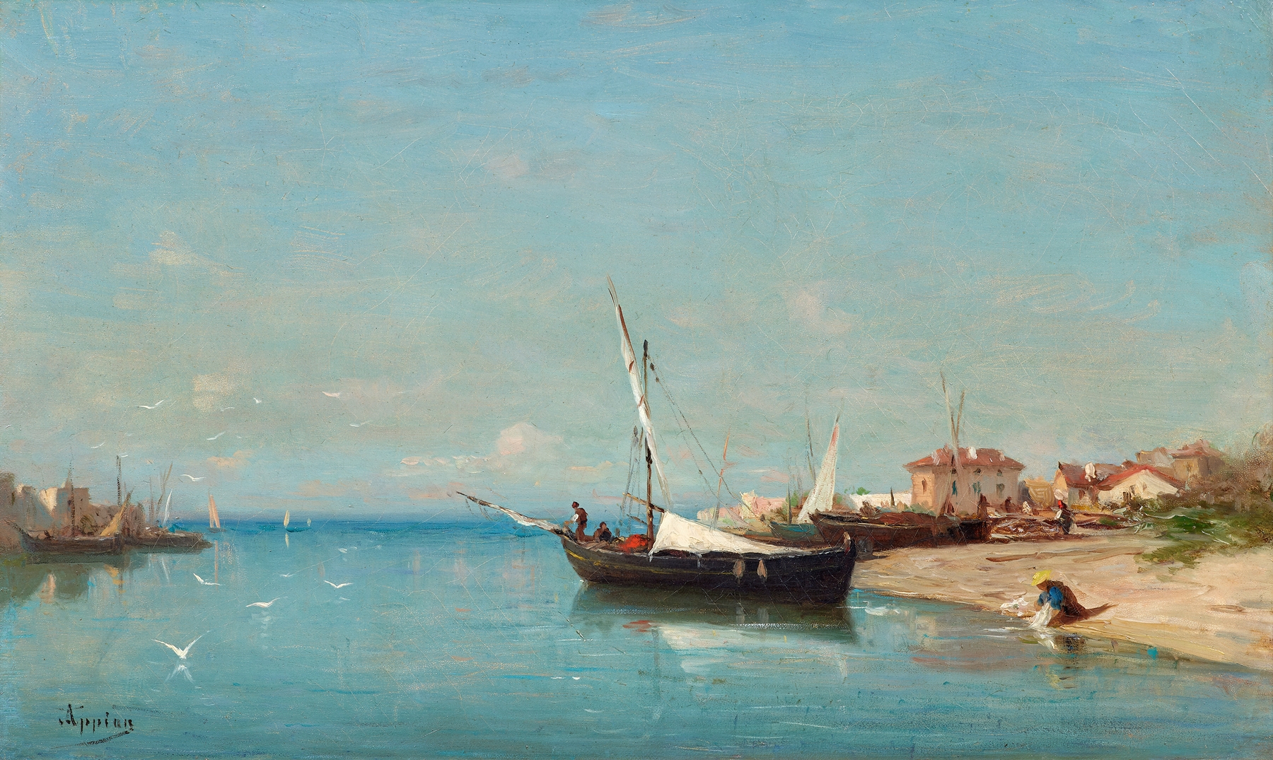 Marine scene with waves and beach, oil on canvas by Adolphe Appian