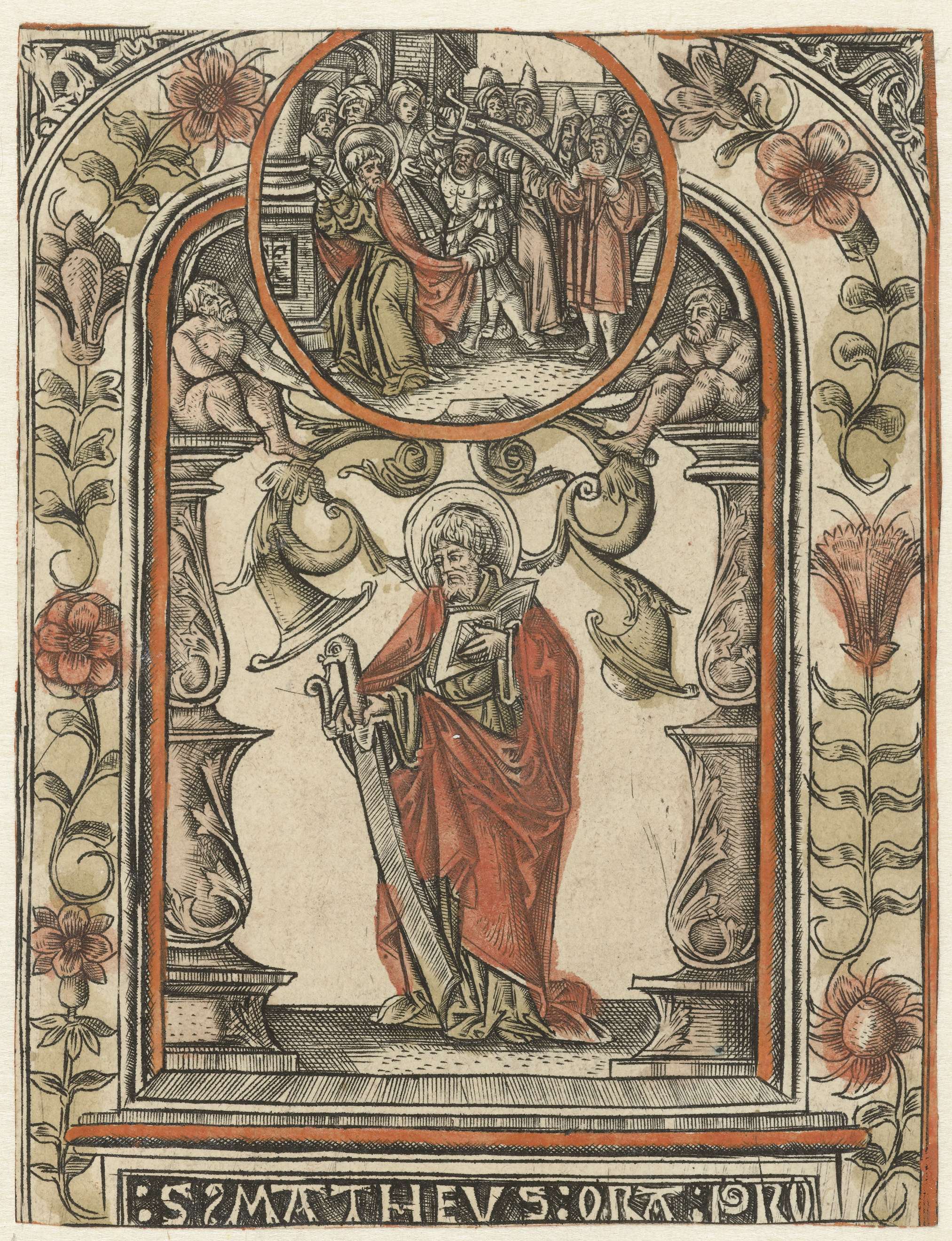 Engraving by Allaert Claesz depicting the apostle Matthew and his martyrdom