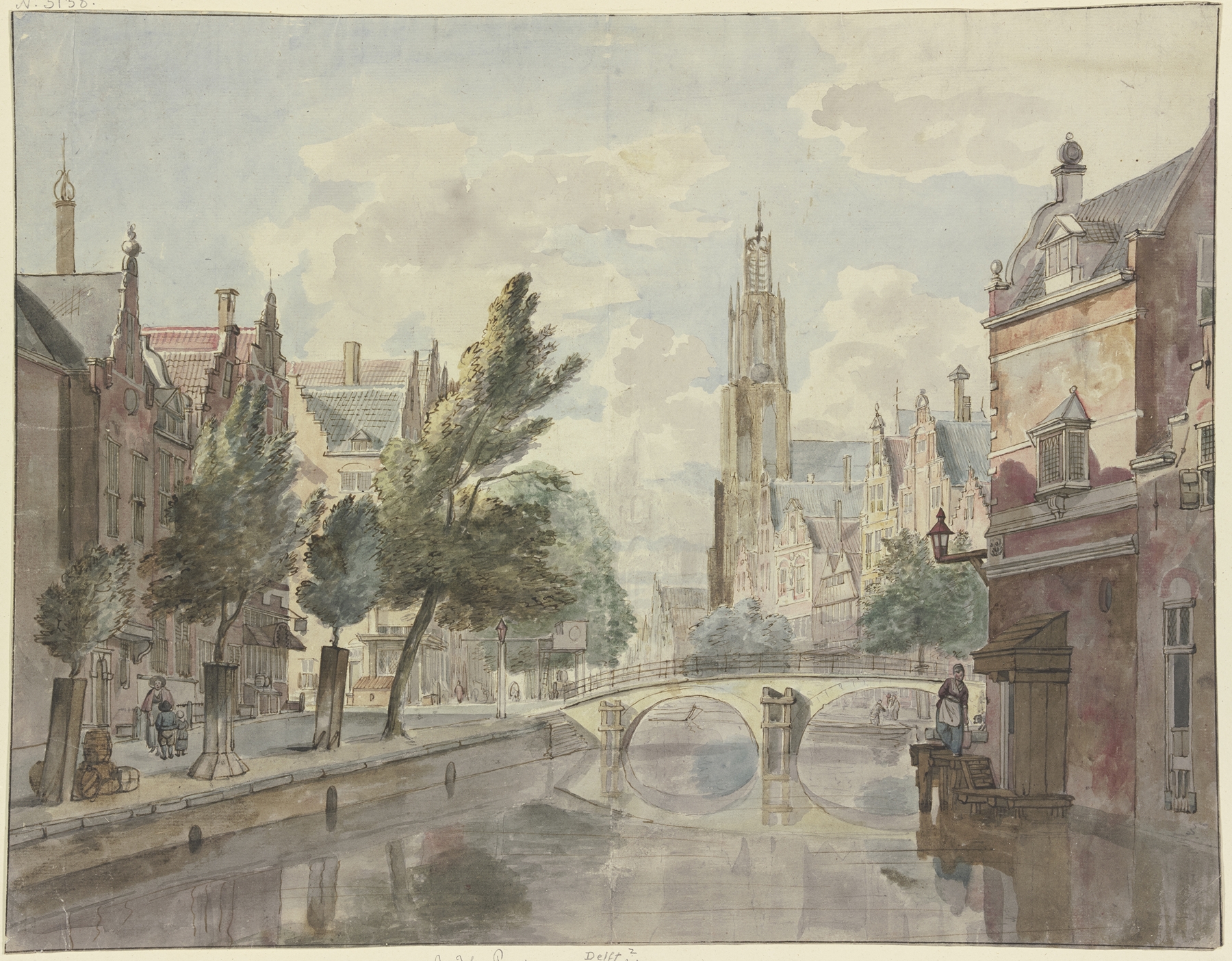 Canal scene with a bridge and cathedral, oil painting by Johannes Huibert Prins