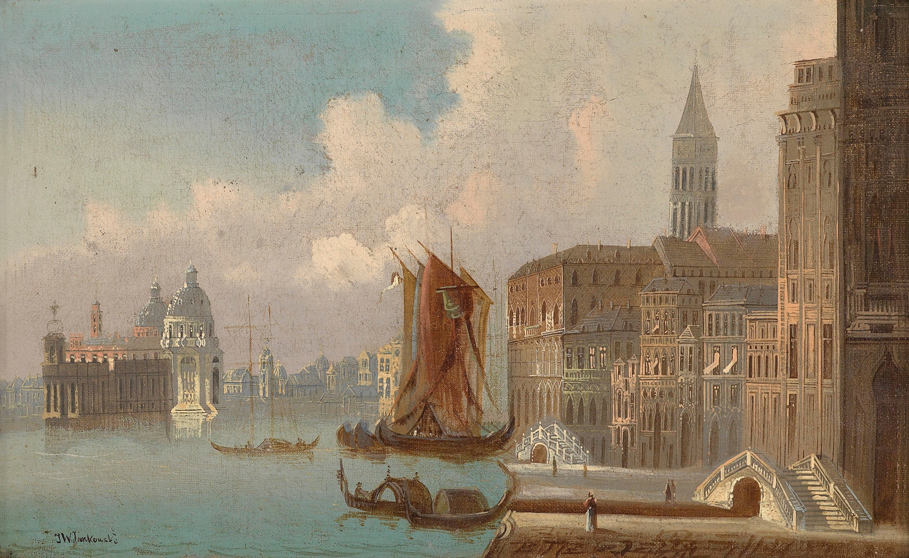 Landscape by Johann Wilhelm Jankowski, depicting a Venetian canal with reflections.