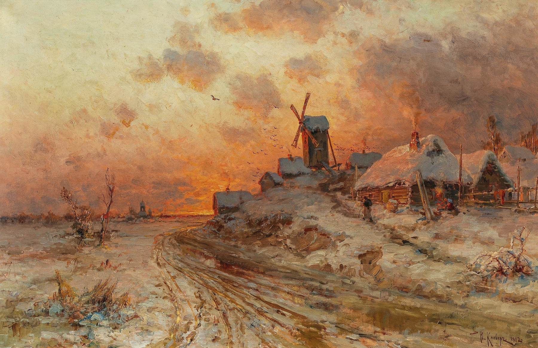 Homecoming at sunset, by Julius Sergius Klever, public domain