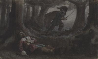 Watercolour by an unknown artist depicting a wooded scene with two male figures.