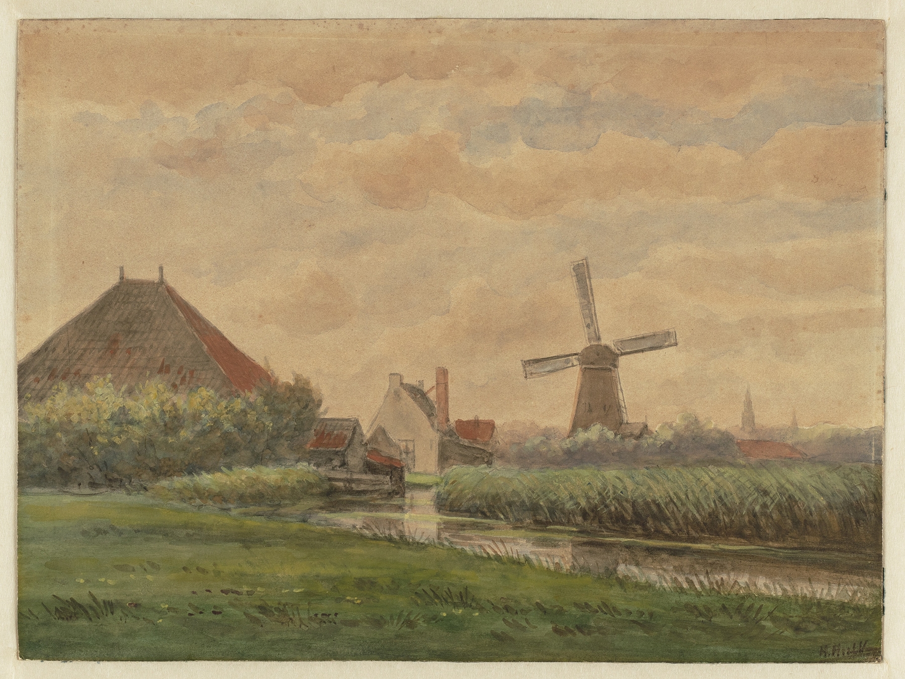 Landscape with a windmill against a blue sky, oil painting by Hendrik Hulk