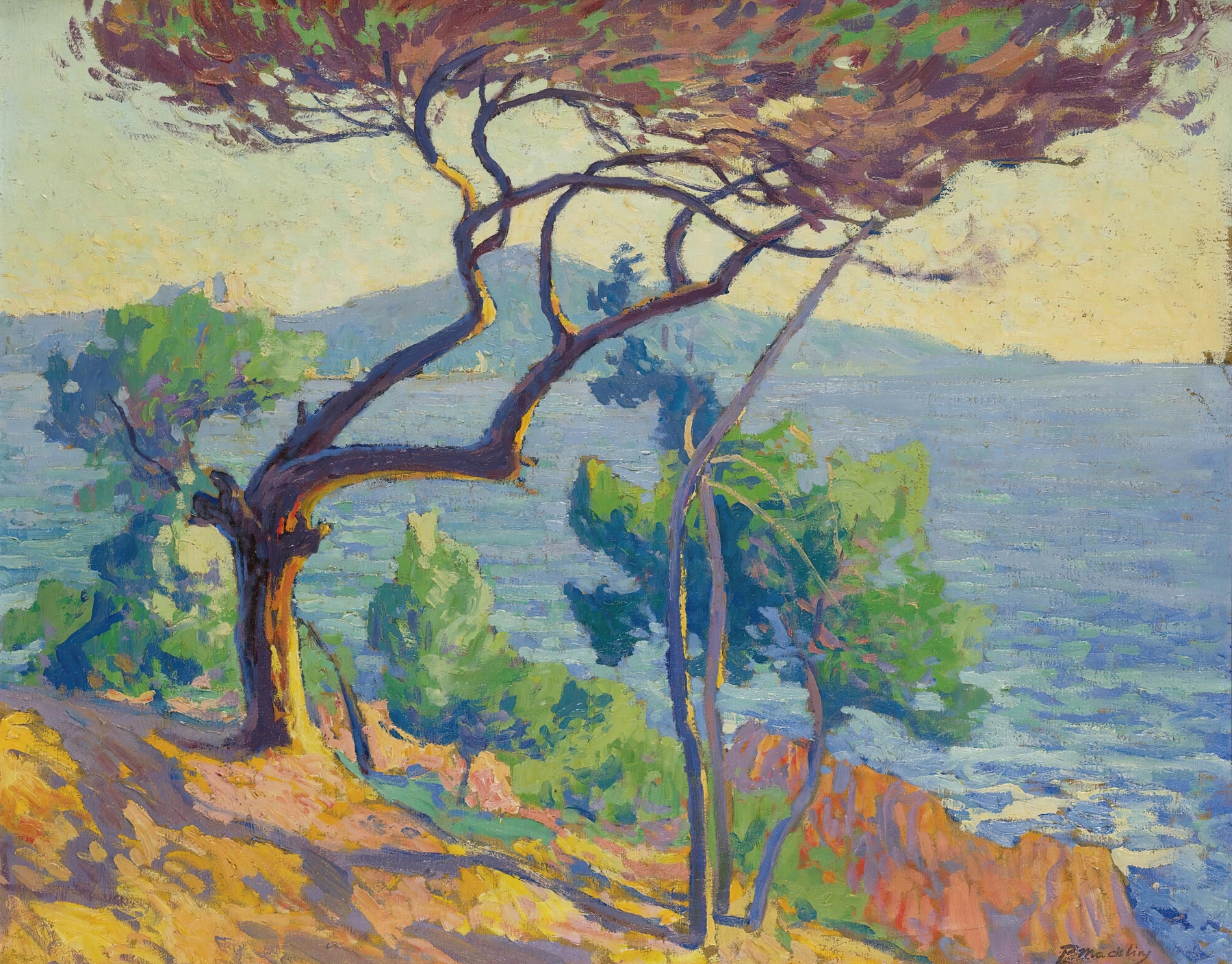 Les Roches Rouges by Paul Madeline, oil painting depicting crimson rocks and azure sea