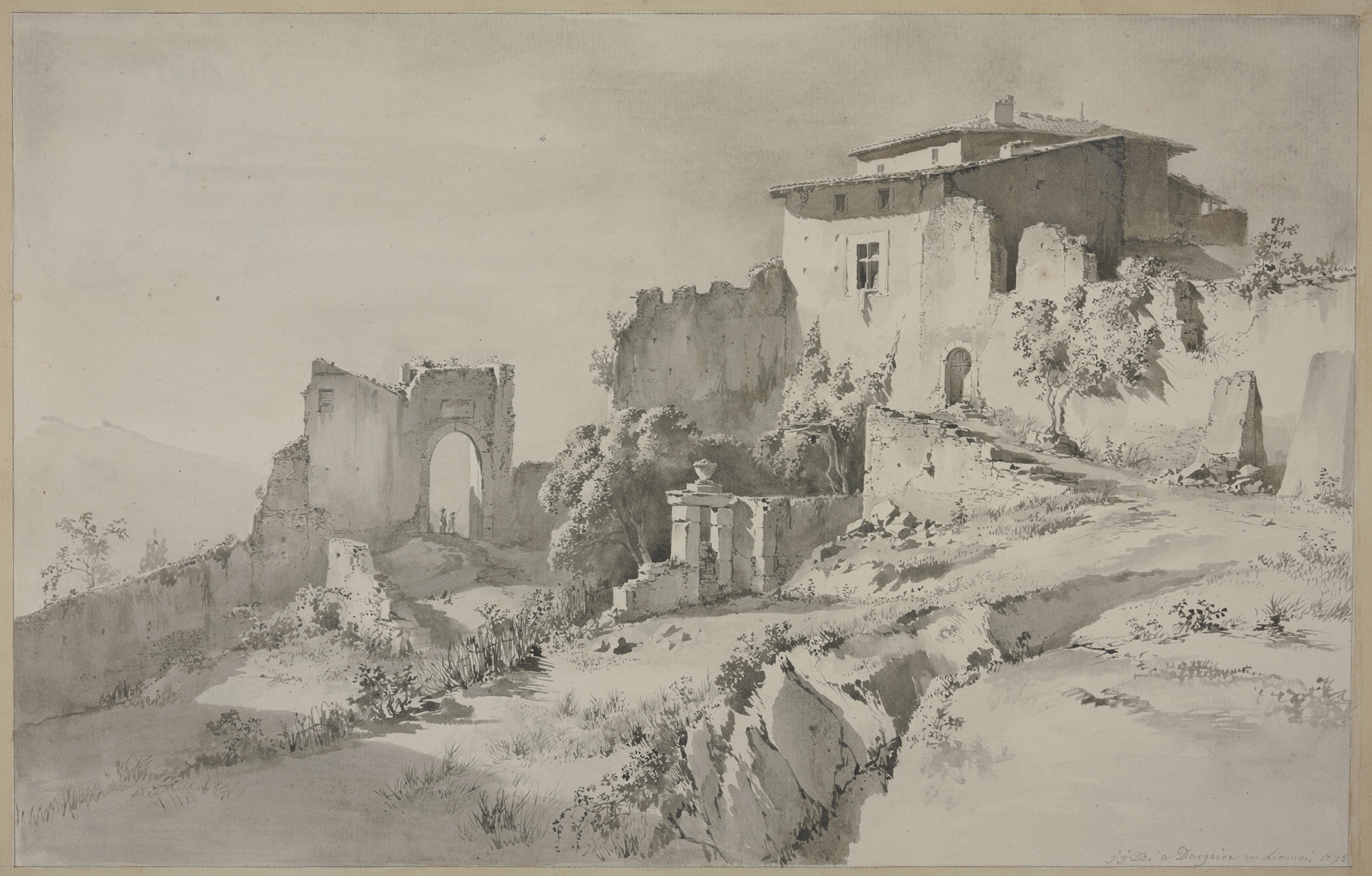 Landscape near Dargoire, etching by Jean-Jacques de Boissieu, featuring hills and clouds.