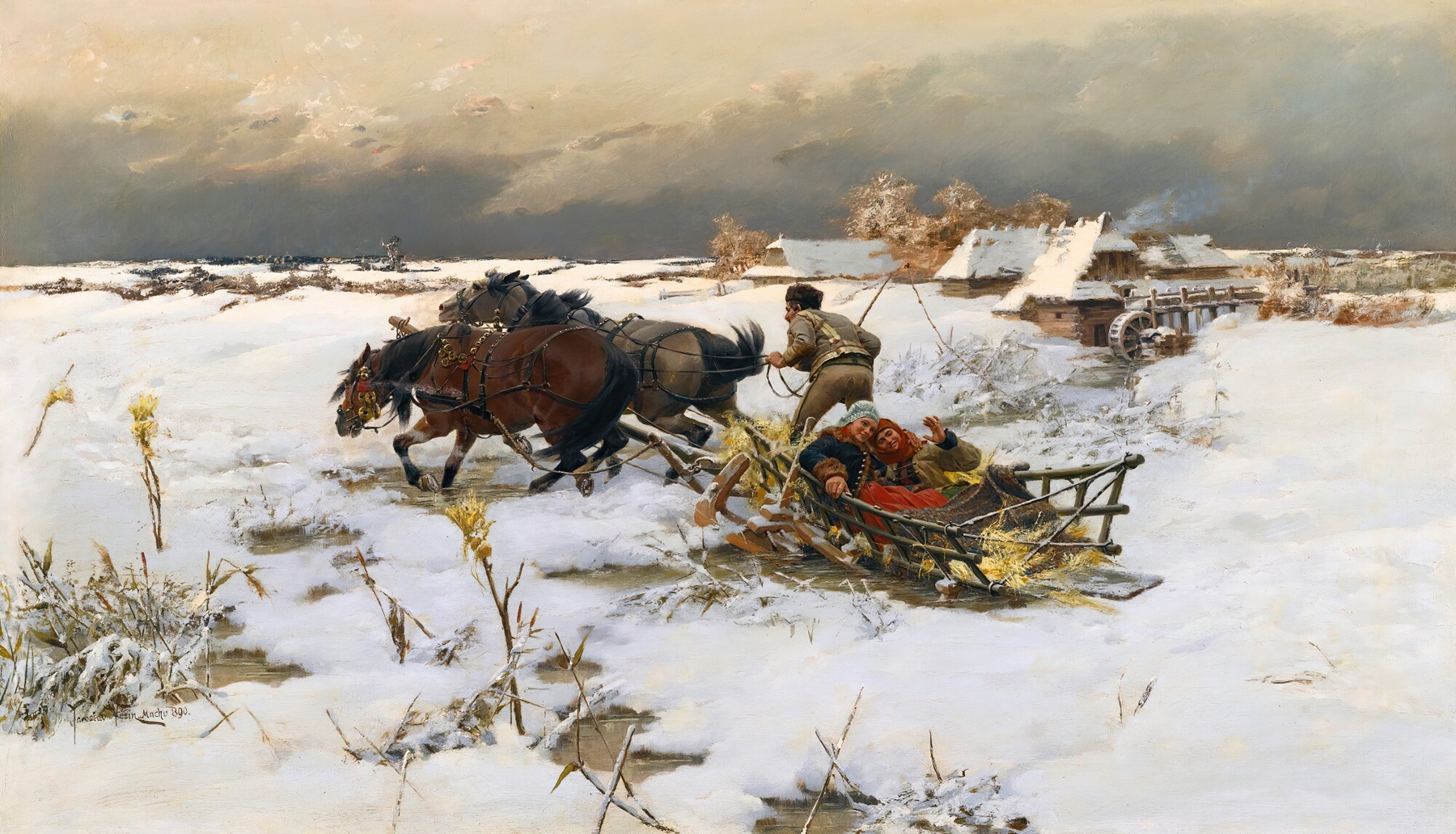 The Sledge Ride, oil on canvas by Jaroslav Věšín, shows a sledge gliding over snow in a winter landscape.