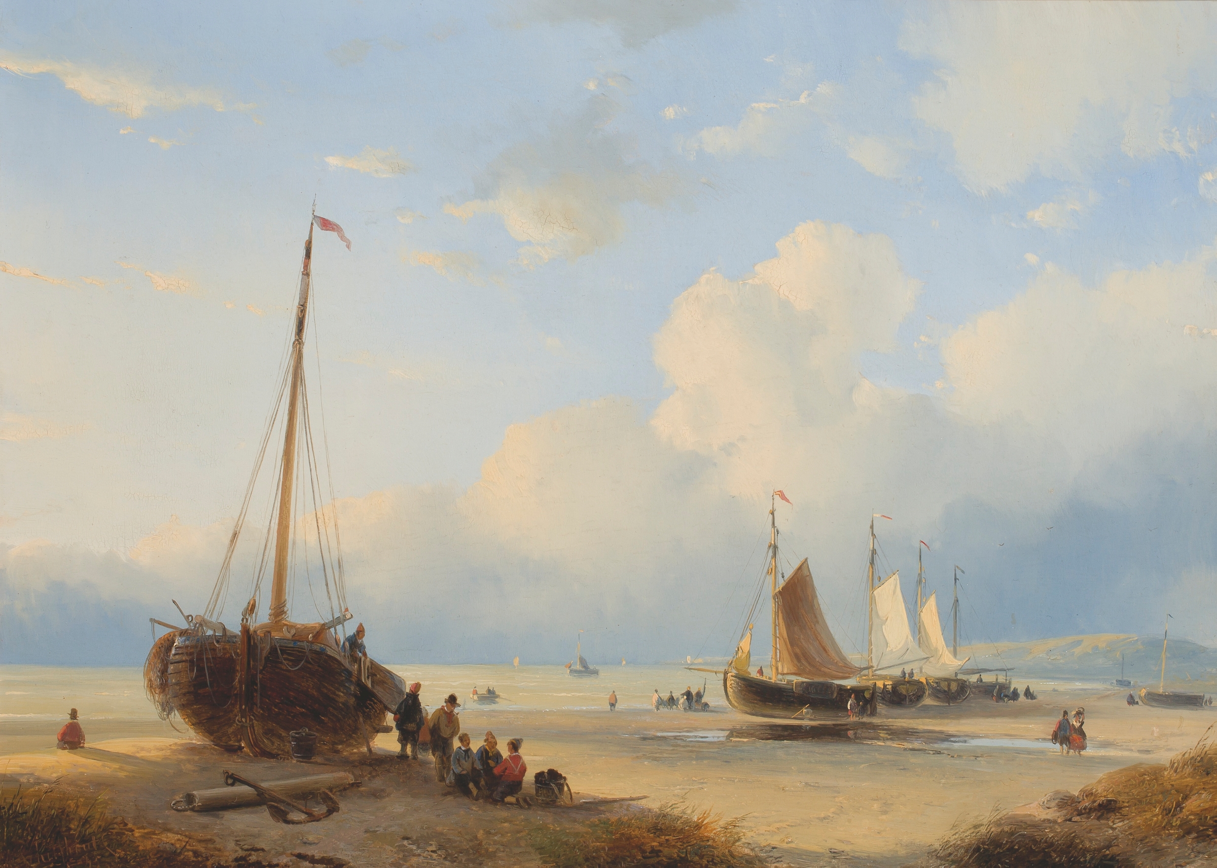 Fisherfolk With Beached Vessels, by Andreas Schelfhout, public domain