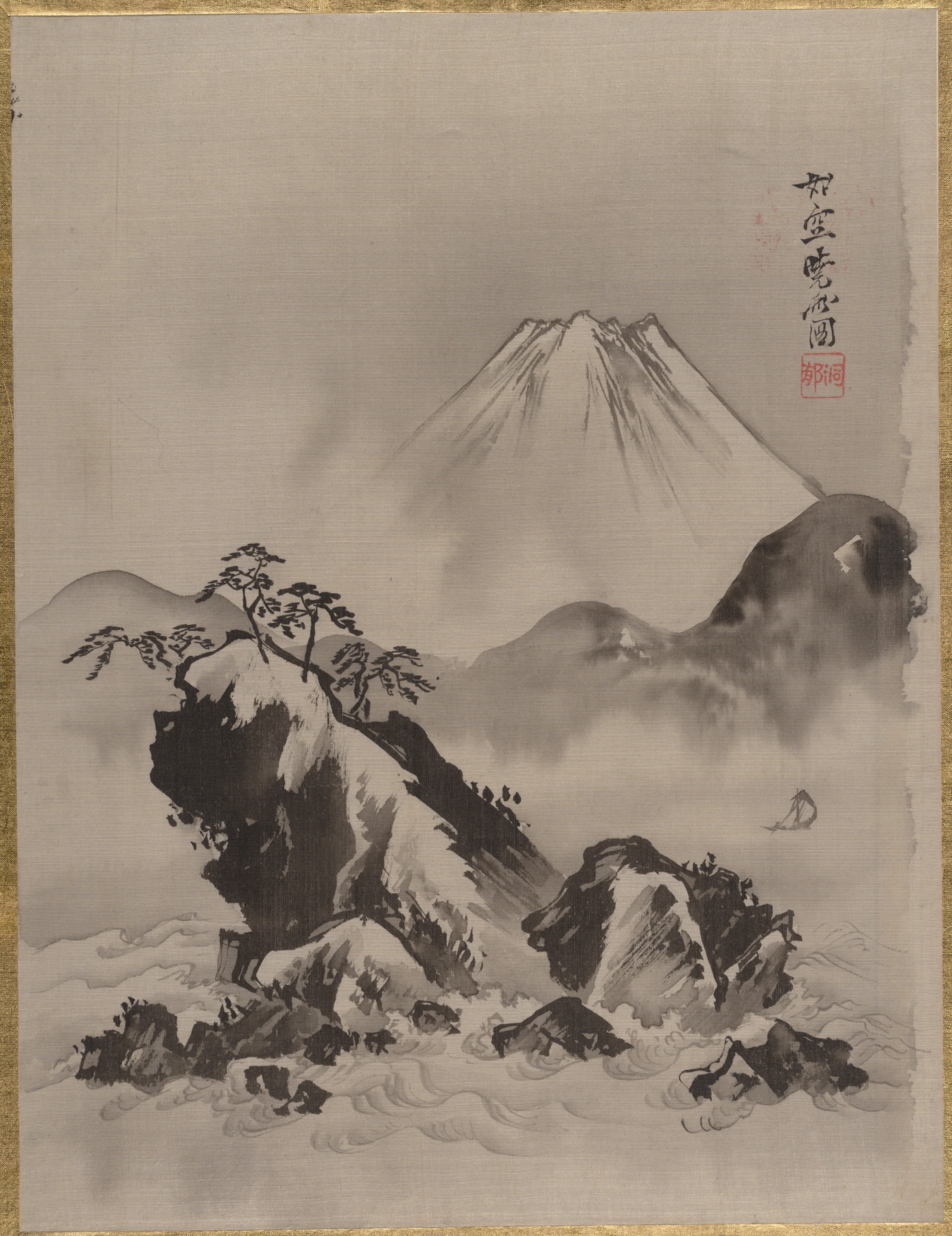 Ukiyo-e of Mount Fuji by Kawanabe Kyōsai, depicting a serene landscape with clouds