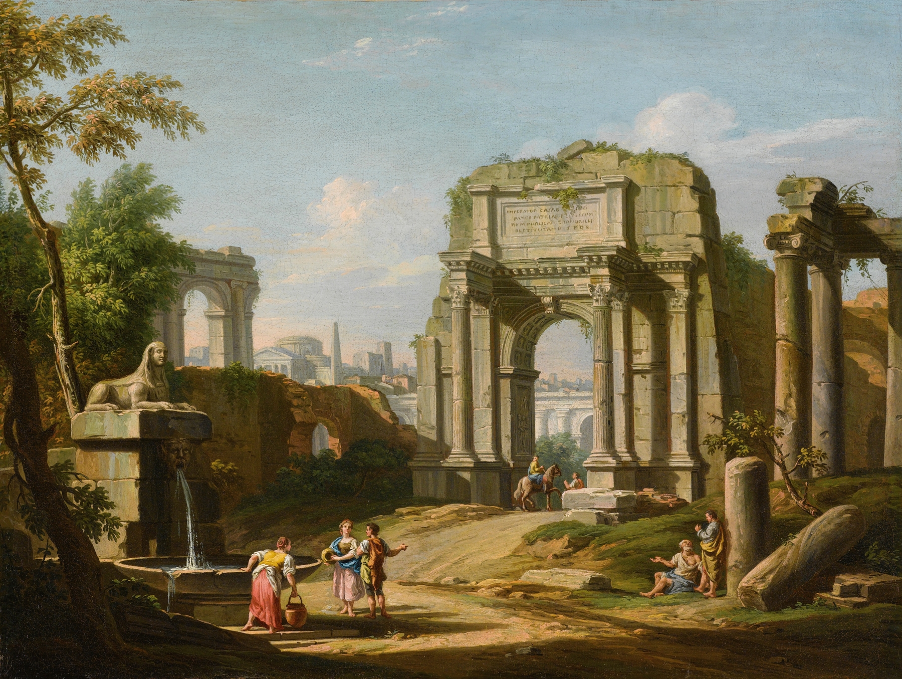 Architectural Capriccio With Ancient Ruins, A Sphinx And Figures By A Fountain, by Giuseppe Zocchi, public domain
