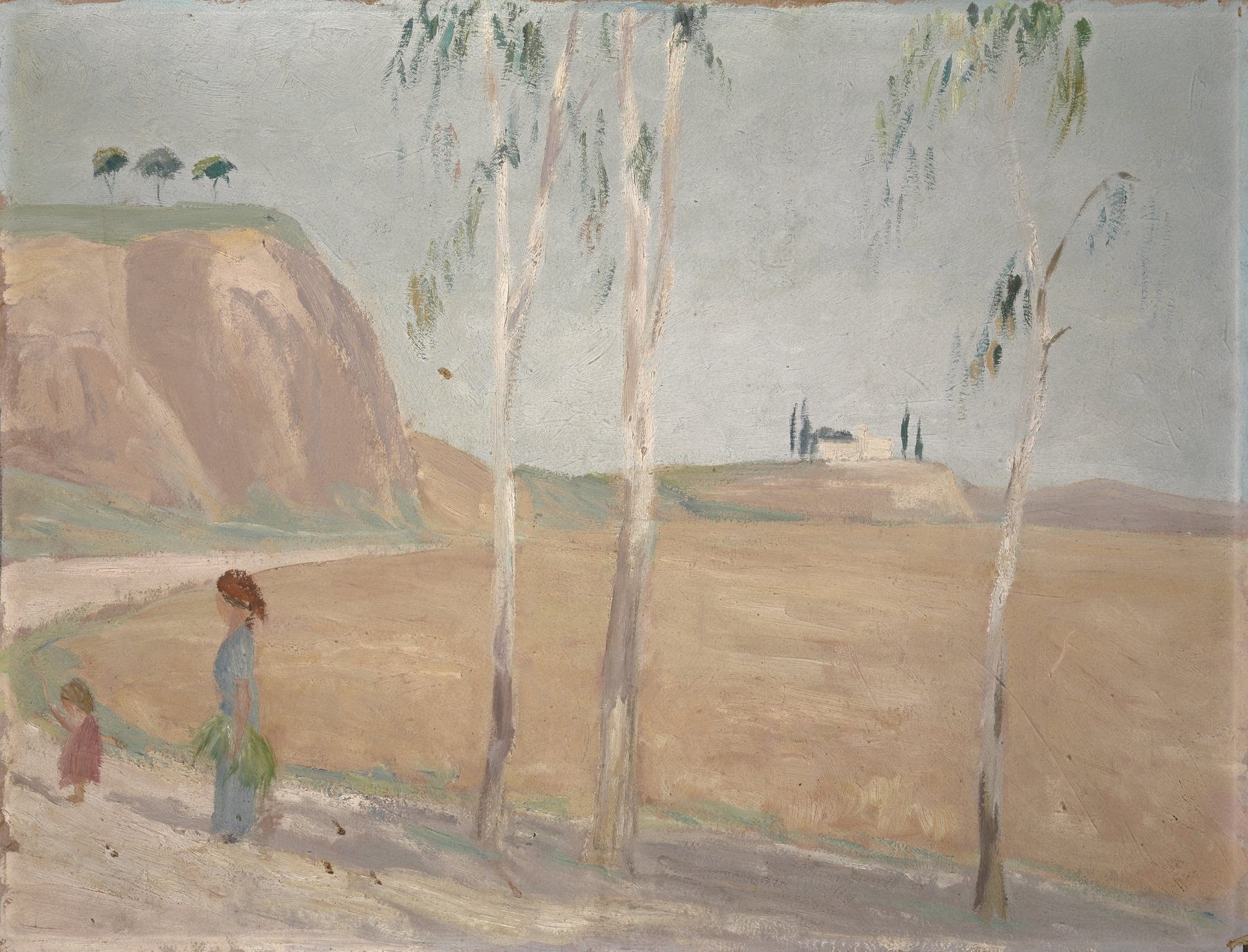 Roman Landscape by Ernst Schiess, oil painting depicting a serene horizon with ochre and blue tones.