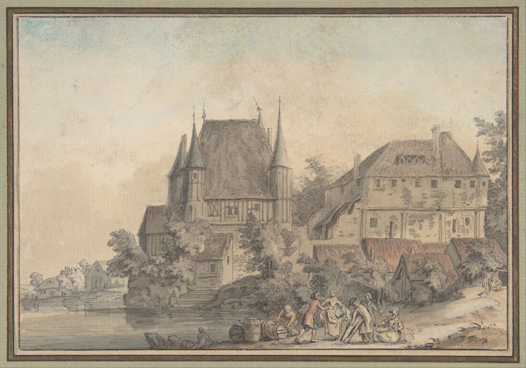Watercolour by Samuel Hieronymus Grimm depicting a village alongside a river