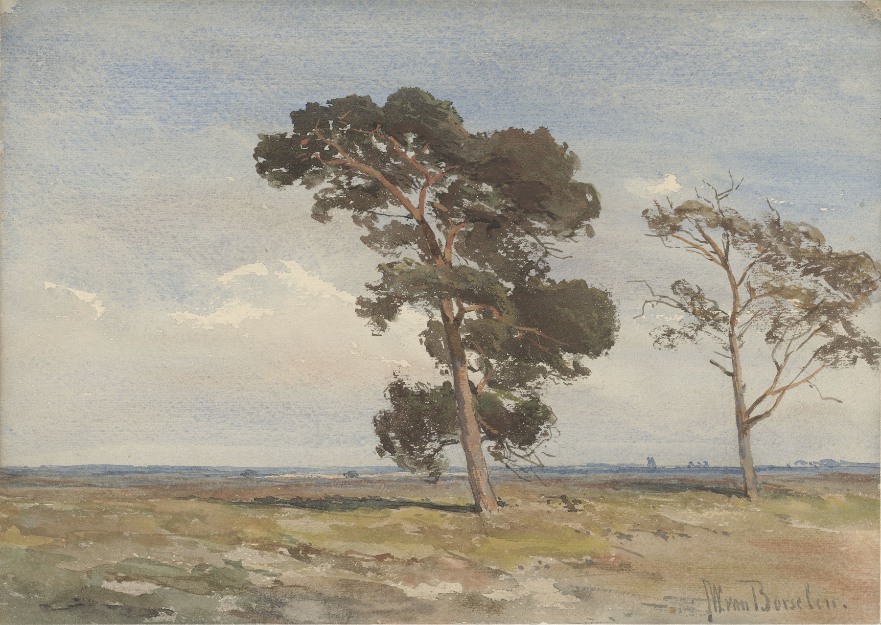 Landscape with heather and two trees, oil on canvas by Jan Willem van Borselen