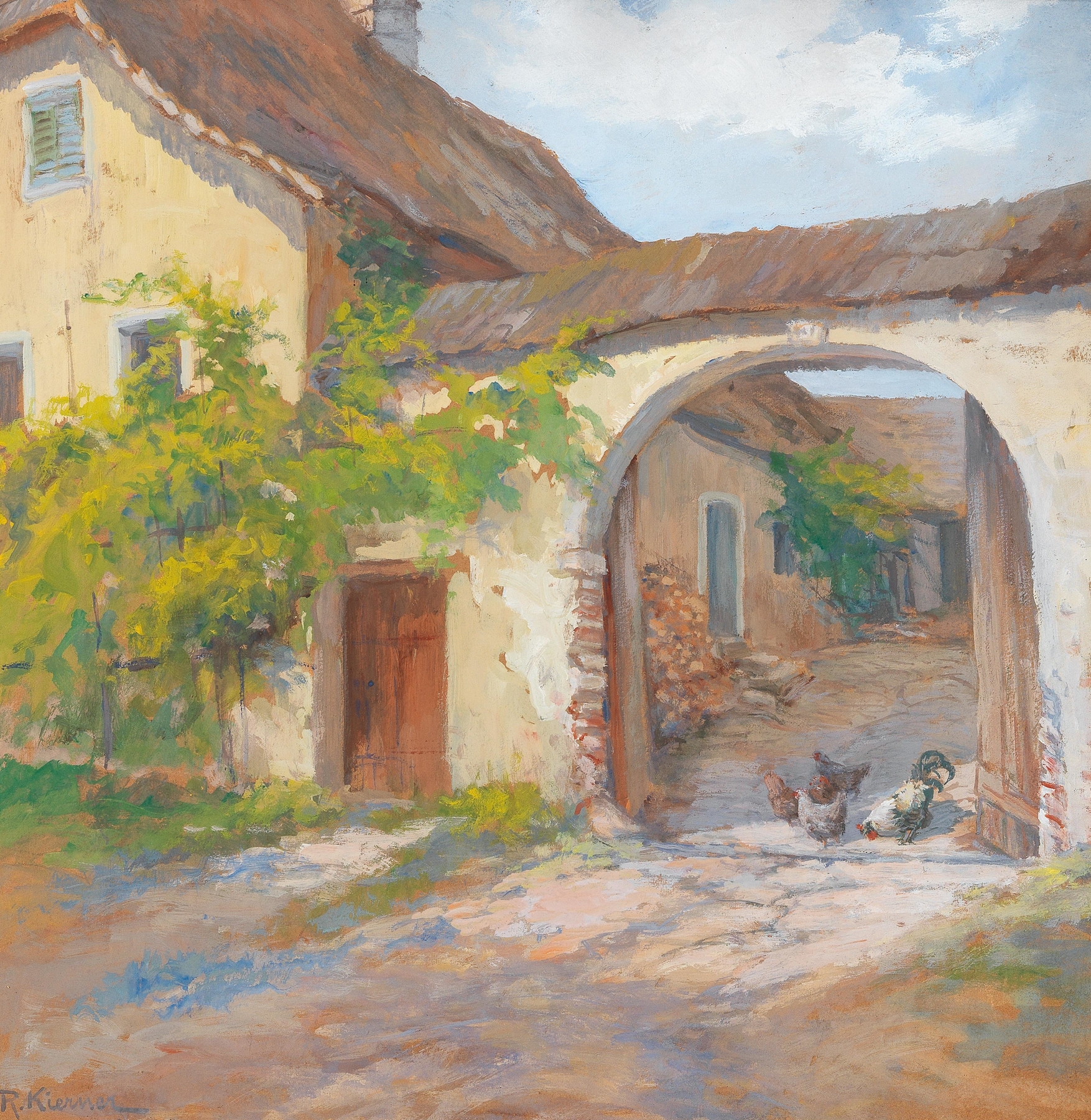Bauernhaus in Ardagger by Rudolf Kierner, oil on canvas depicting a farmhouse and trees