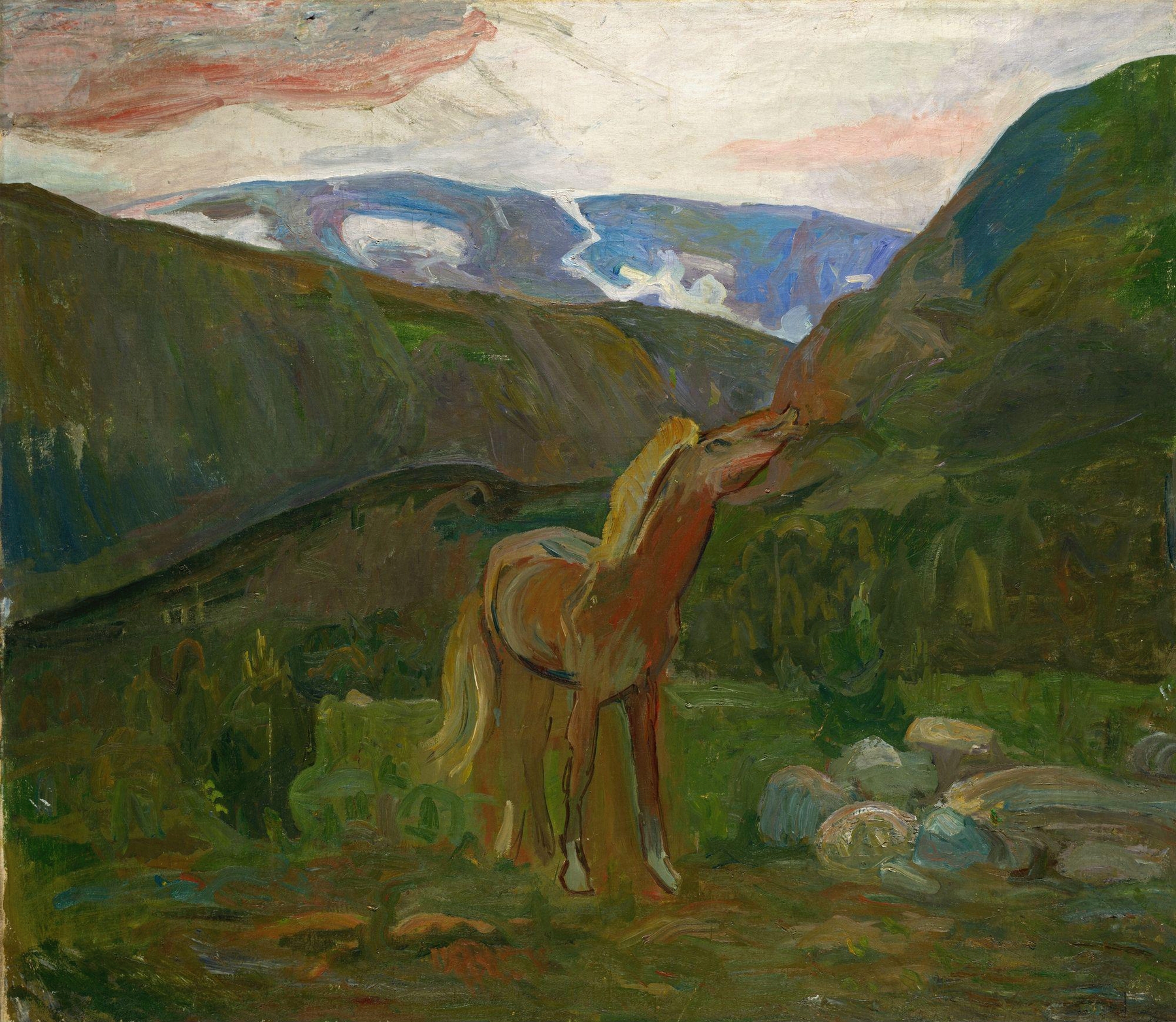 Horse in the Mountains by Oluf Wold-Torne, oil painting depicting a horse against mountains.