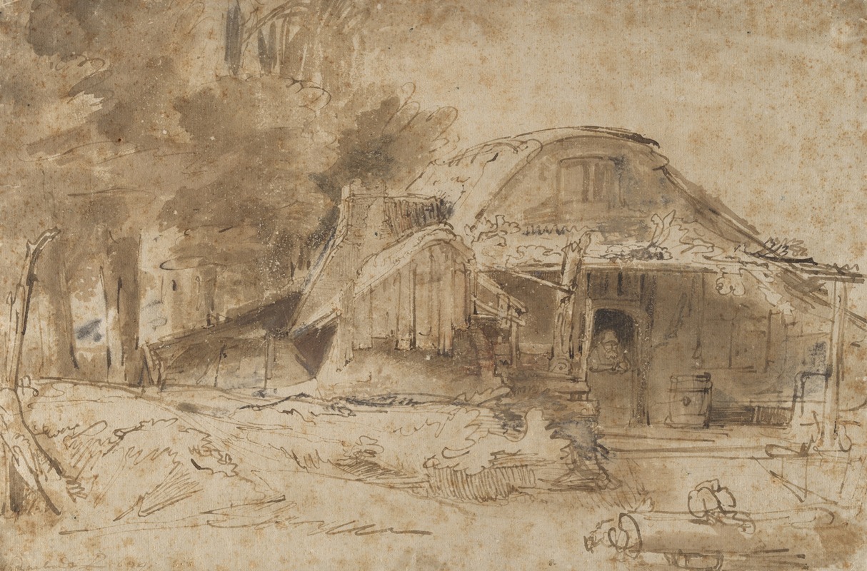 A serene landscape painting by Rembrandt depicting a cottage near a wood.