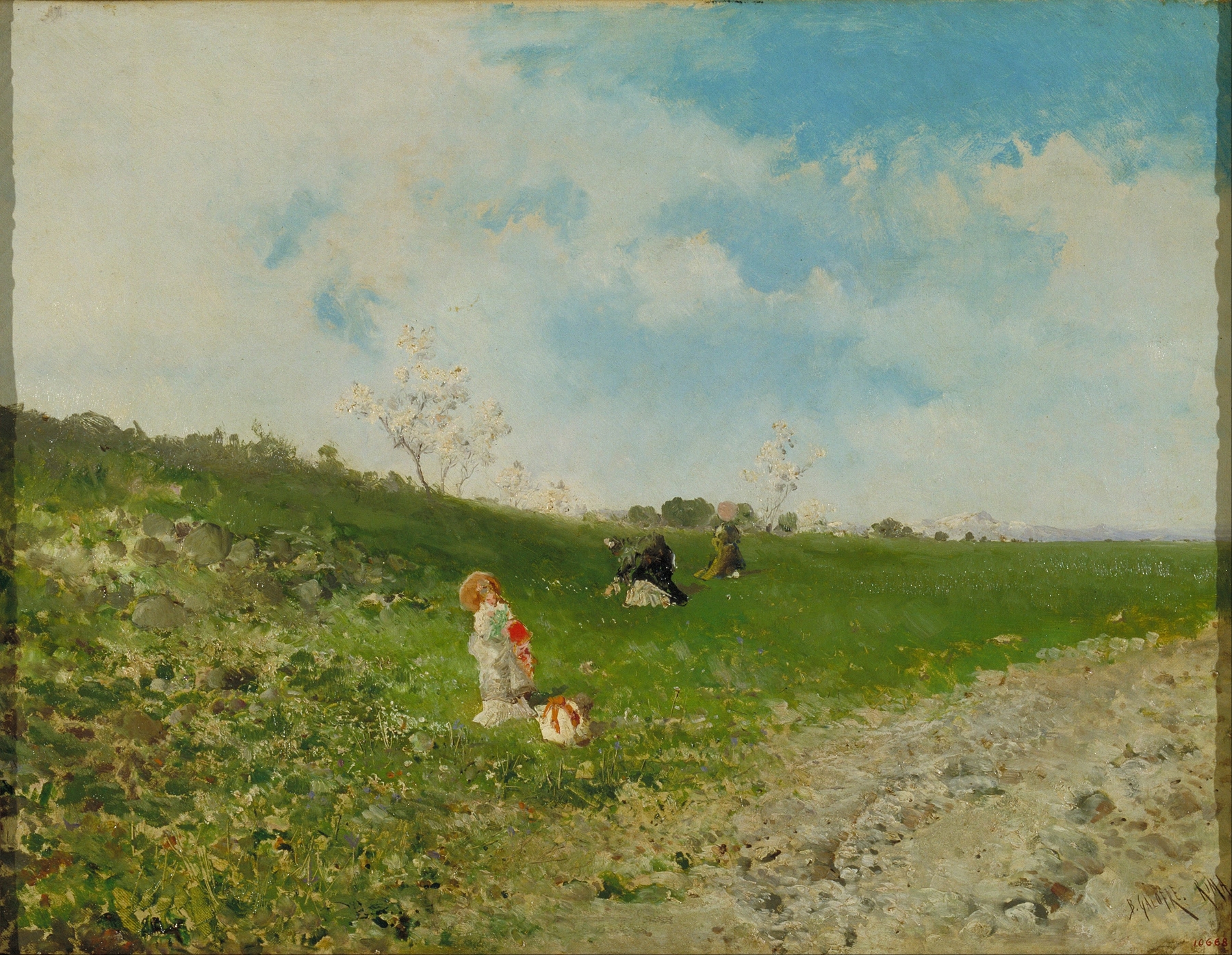 Springtime in Rome, Impressionism by Baldomer Galofre i Giménez, depicting blossoms under a blue sky.