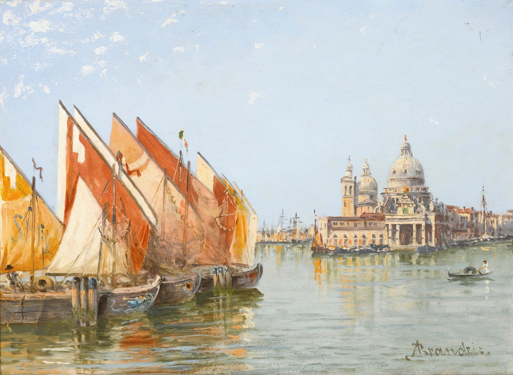 Fishing boats on water, oil on canvas by Antonietta Brandeis