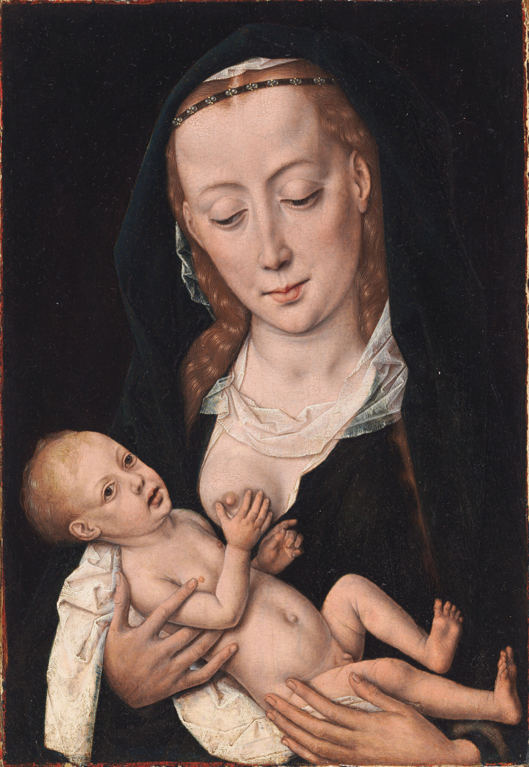The Virgin and Child by Dieric Bouts, oil on panel, shows a mother and child in a religious setting.