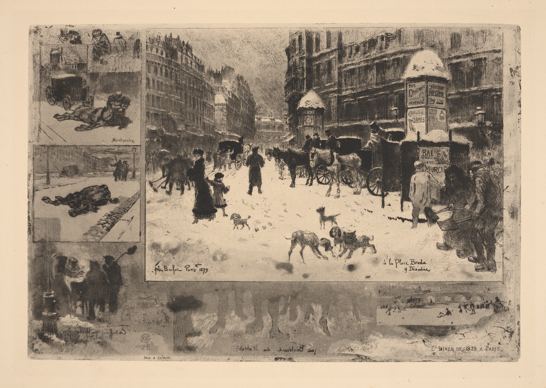 L’Hiver de 1879 a Paris by Félix Hilaire Buhot, genre scene depicting a winter street in Paris