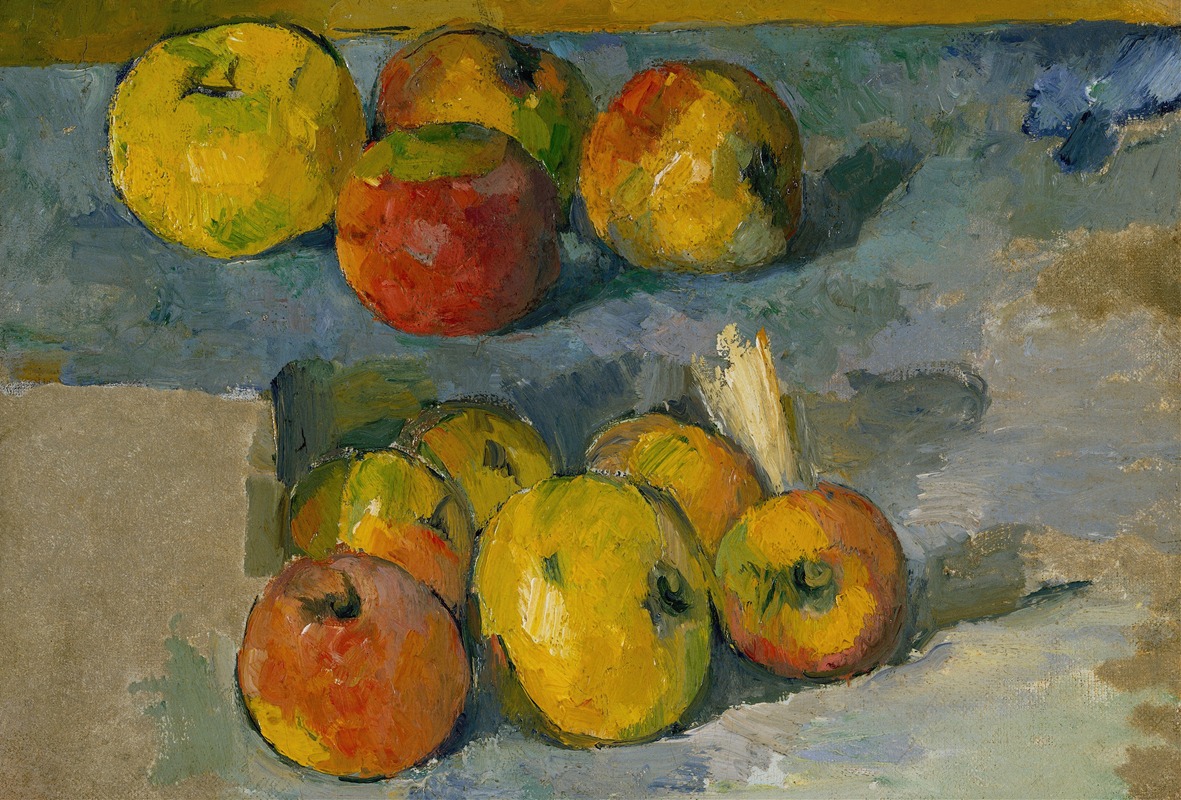 A still life painting featuring apples by Paul Cézanne.