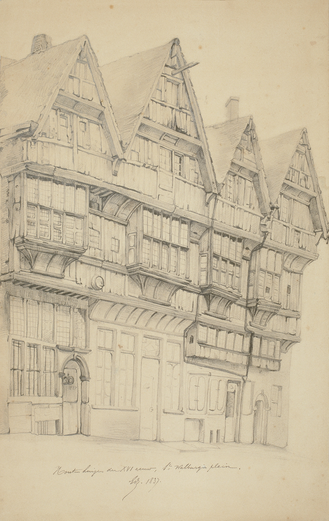 Houten huizen der XVI eeuw, Sint-Walburgisplein by Edward Dujardin, oil painting