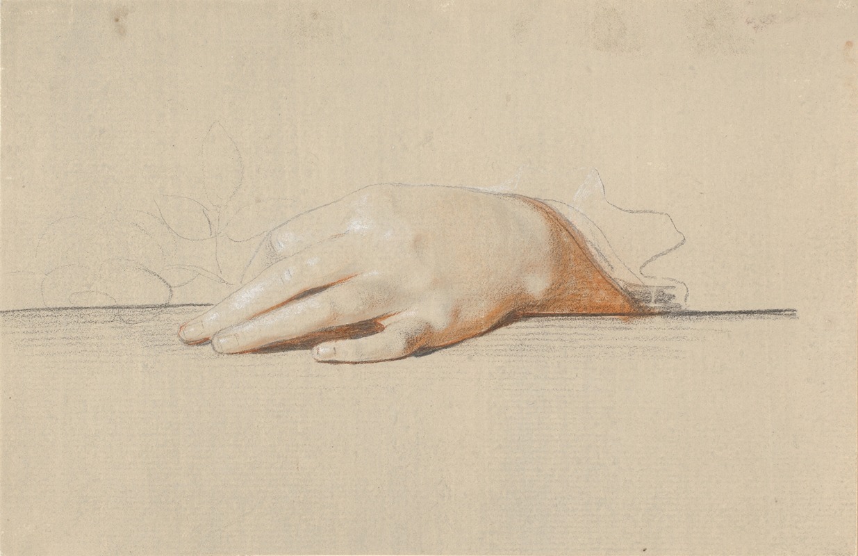 A still life painting featuring a hand resting on a table holding a rose.